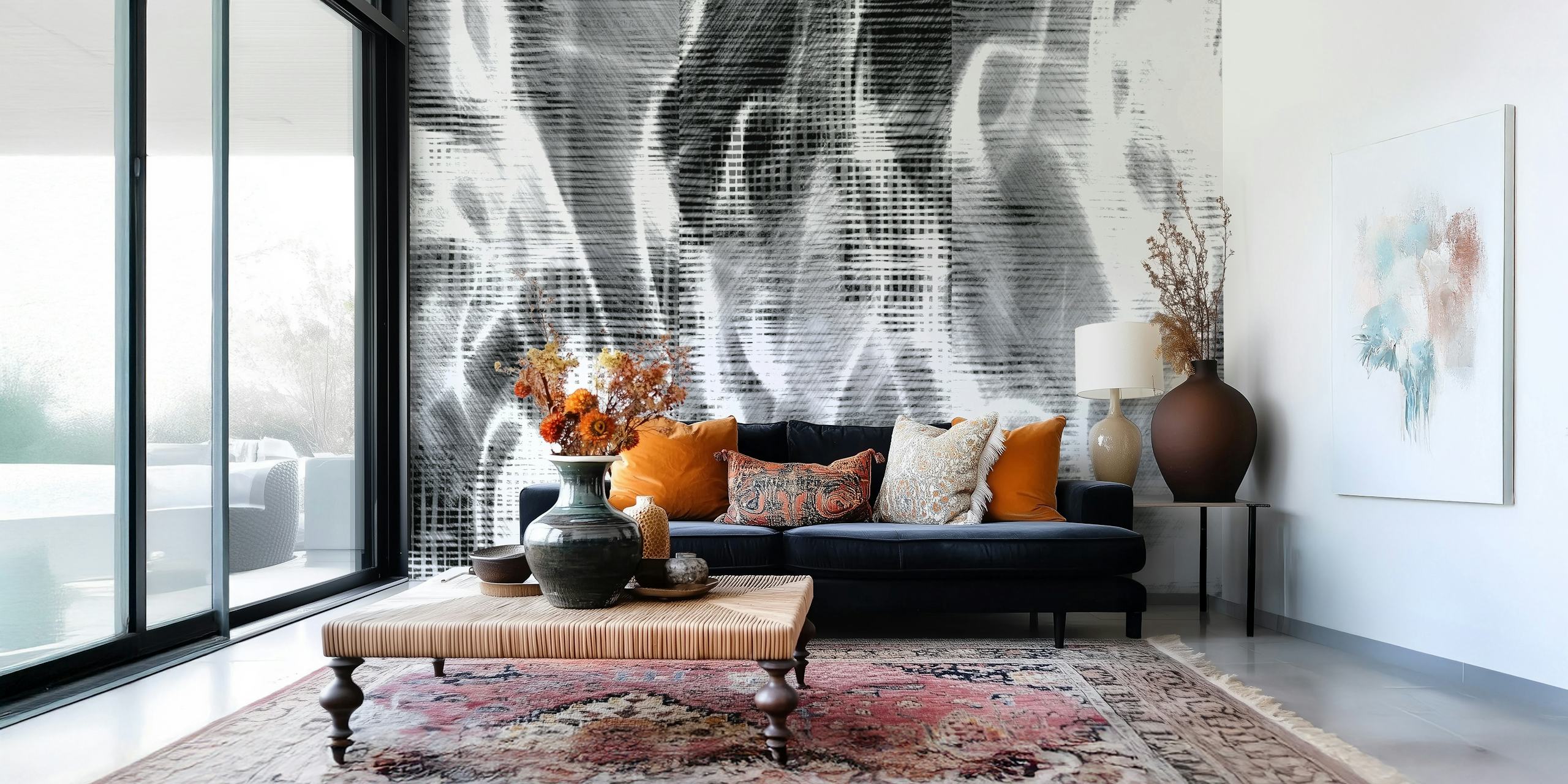 Papier peint mural abstrait de graffitis de brume urbaine avec des nuances de gris et des motifs dynamiques