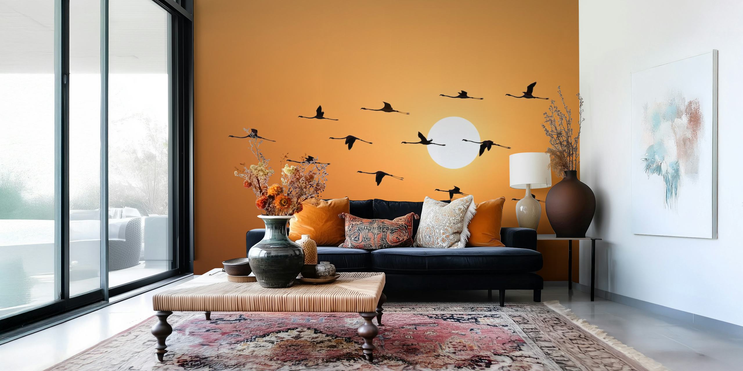 Tapeta Flamingo Silhouettes wyeksponowana w pokoju