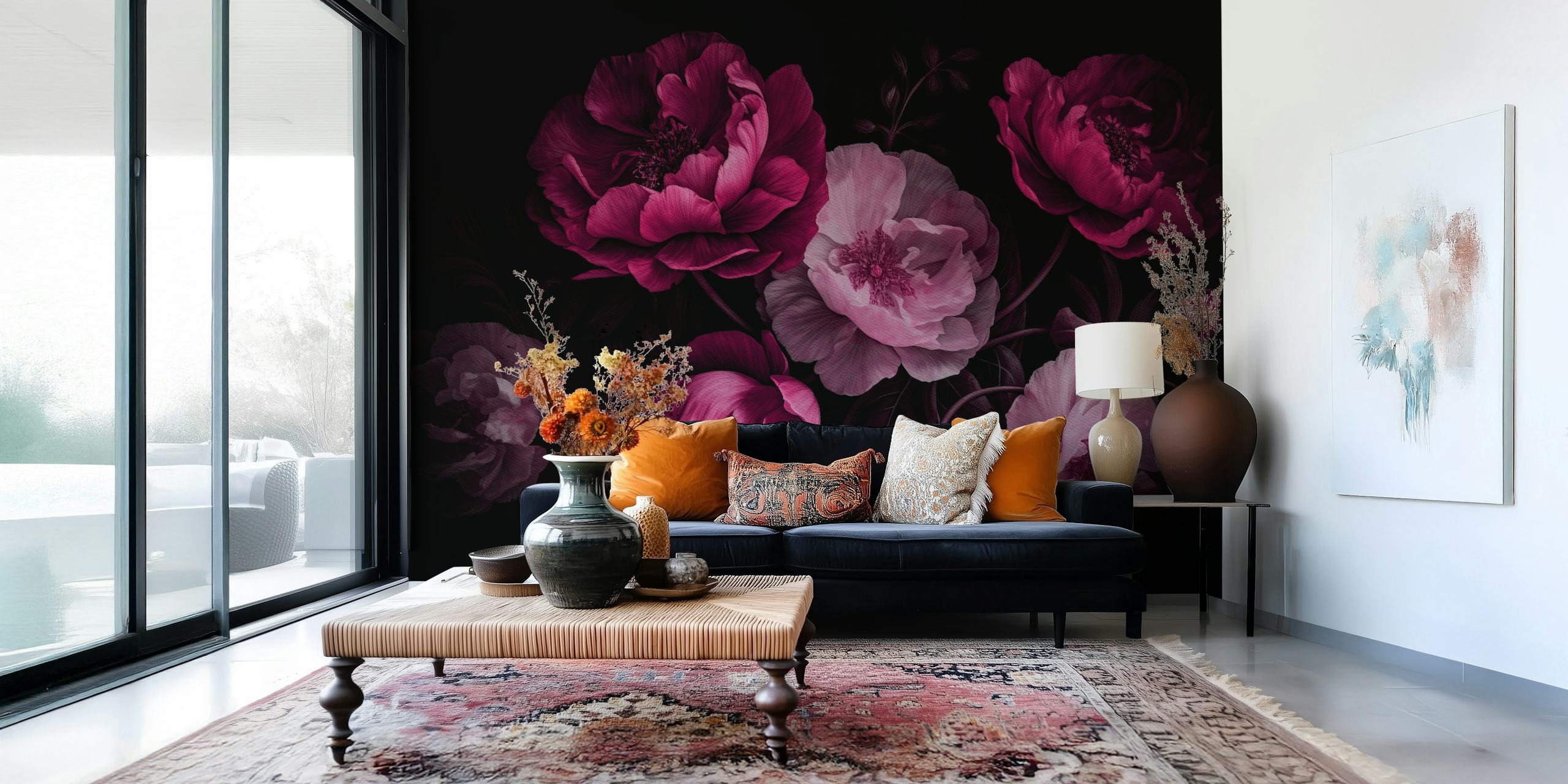 Dark floral wallpaper featuring deep pink peonies and black background