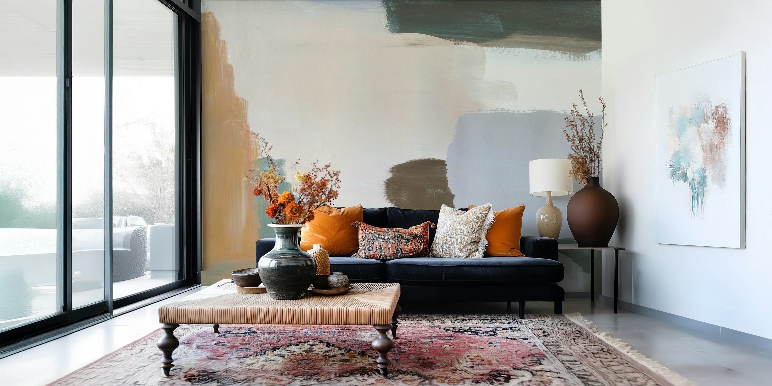 Colorful abstract brush strokes in beige, teal, gray wallpaper