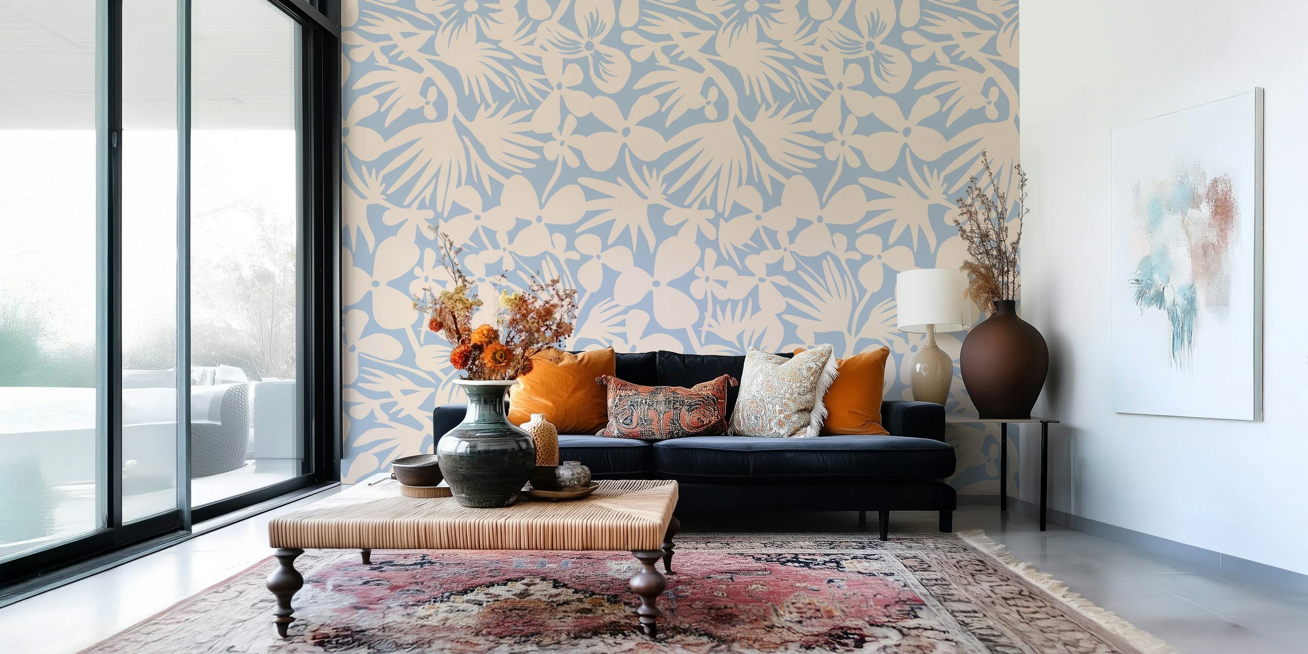 Elegant periwinkle blue floral pattern wall mural for interior decoration