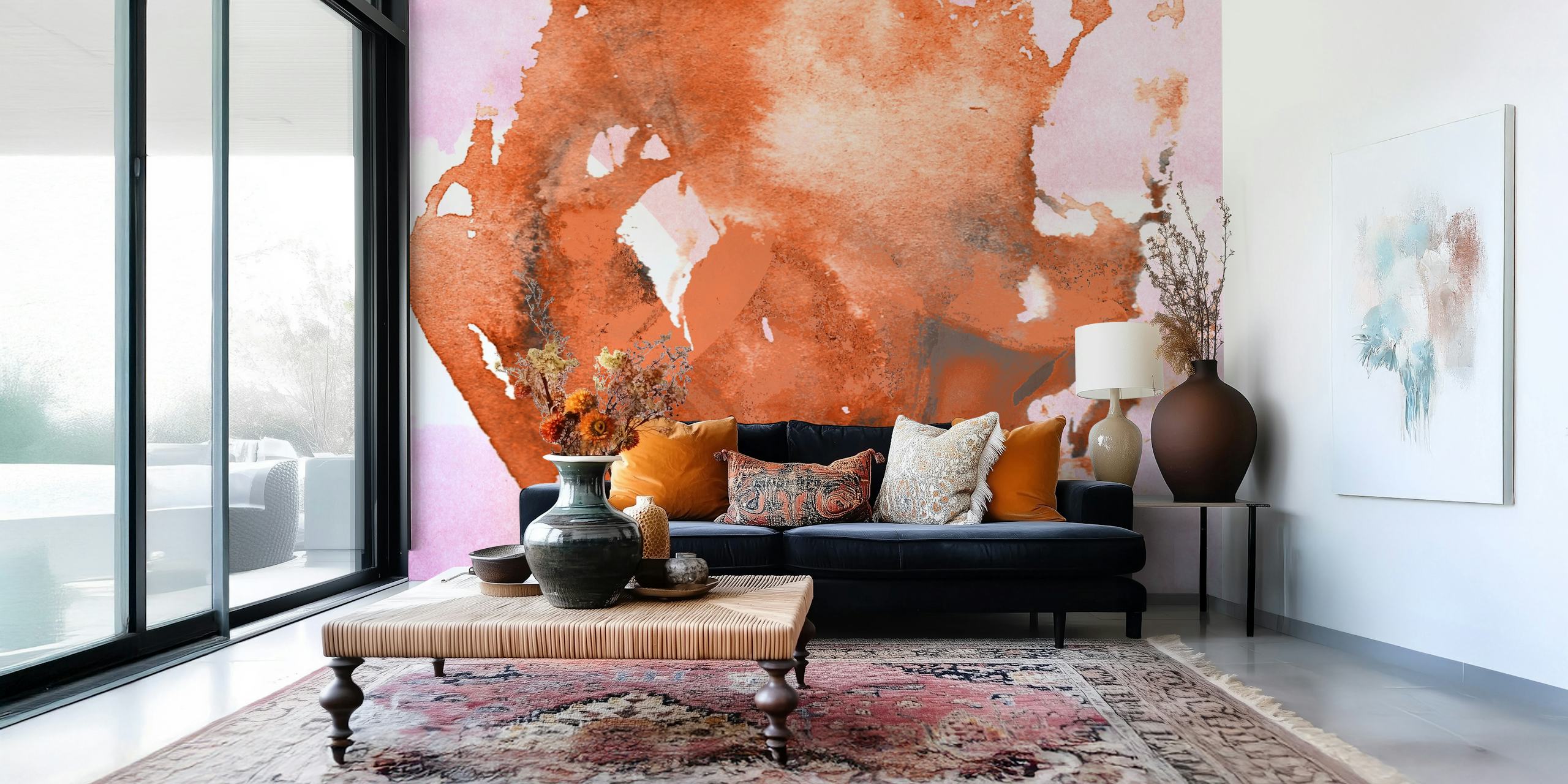 Watercolor brushstroke wallpaper in warm hues of pink and brown.