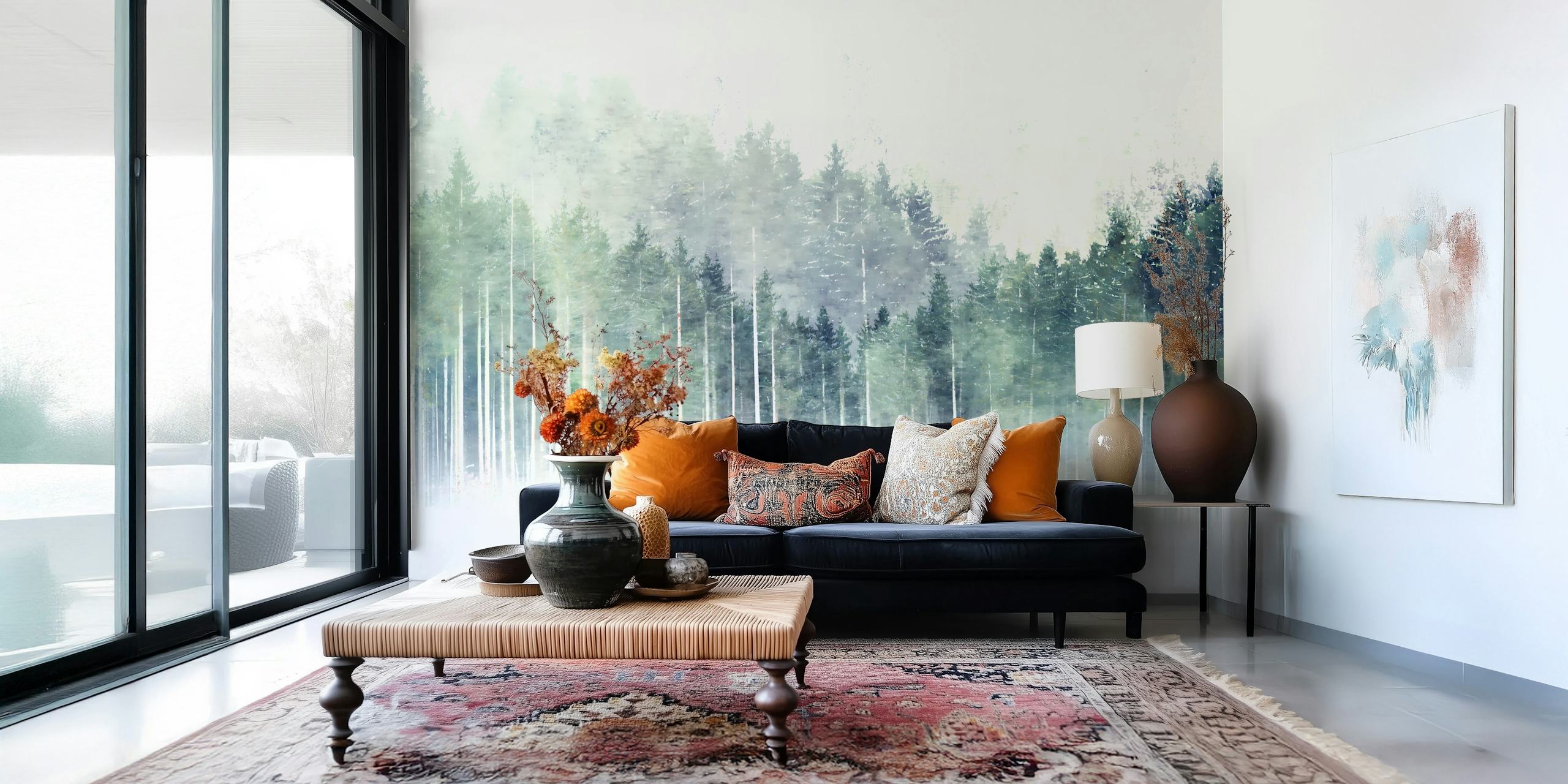 Light misty pine forest with soft green hues wallpaper