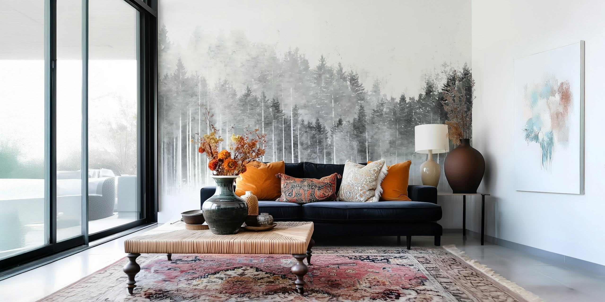 Misty forest black and white wallpaper in a room