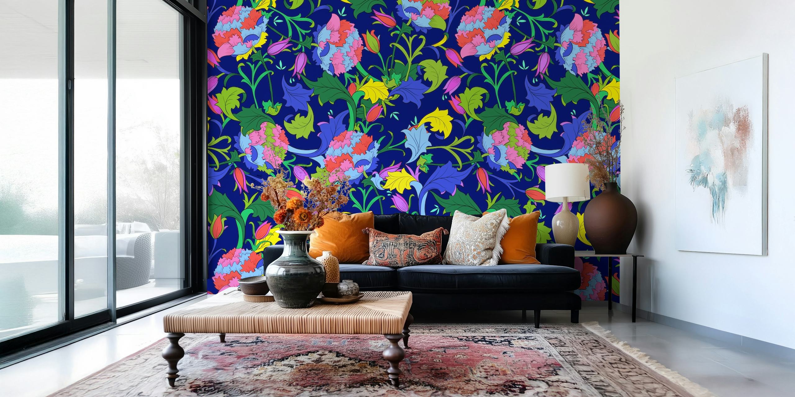Colorful floral pattern with blue, pink, and yellow flowers on a navy background wallpaper