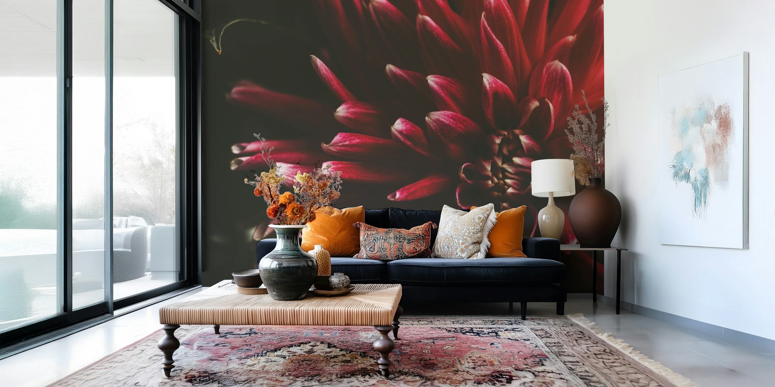 Close-up of red dahlia flower petals, floral wallpaper