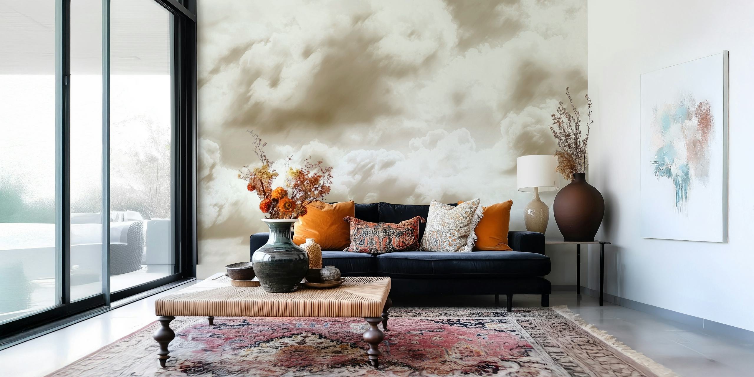 Neutral cloud pattern in soft beige and white wallpaper