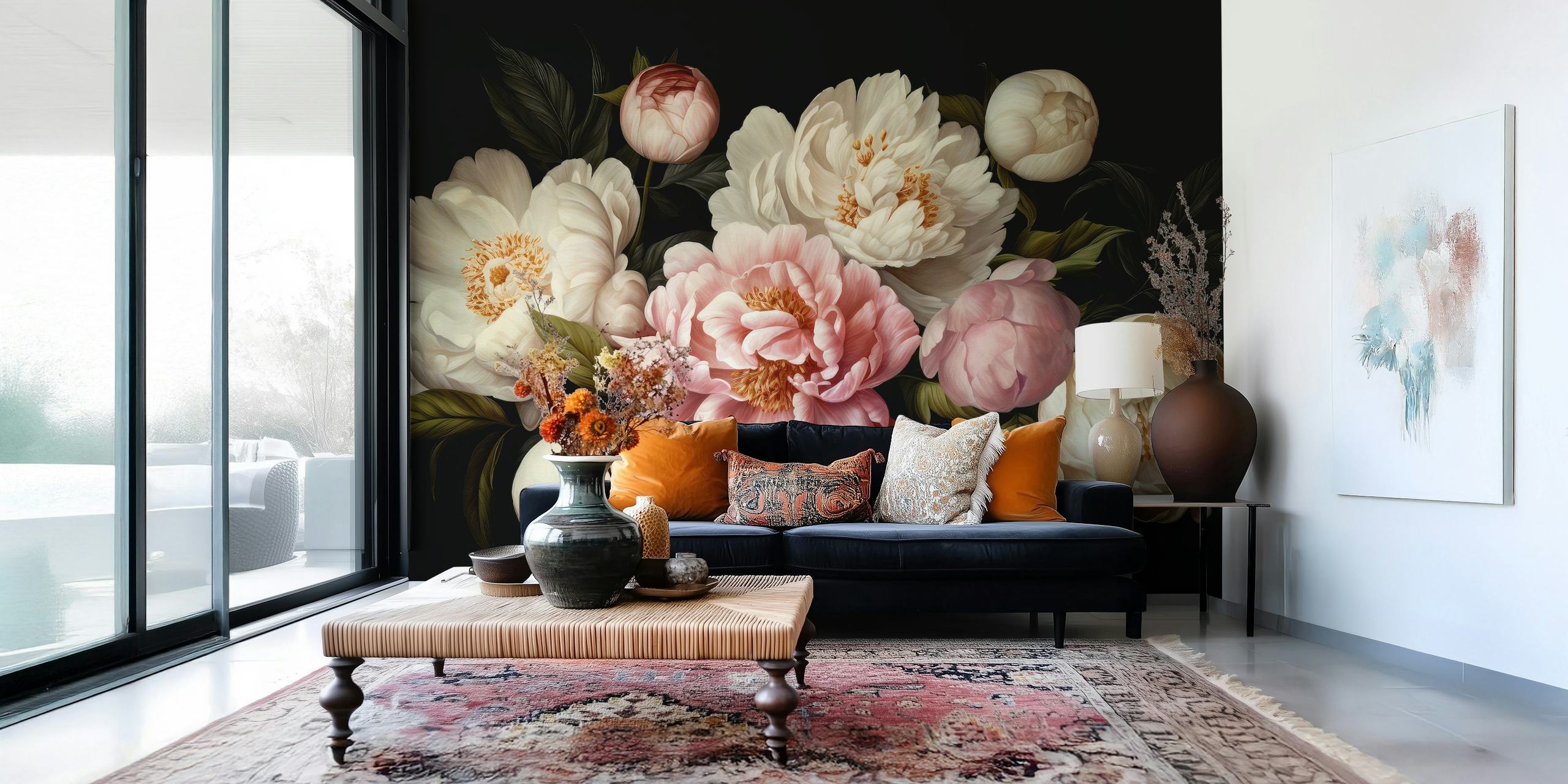 Opulent peonies wallpaper in a room