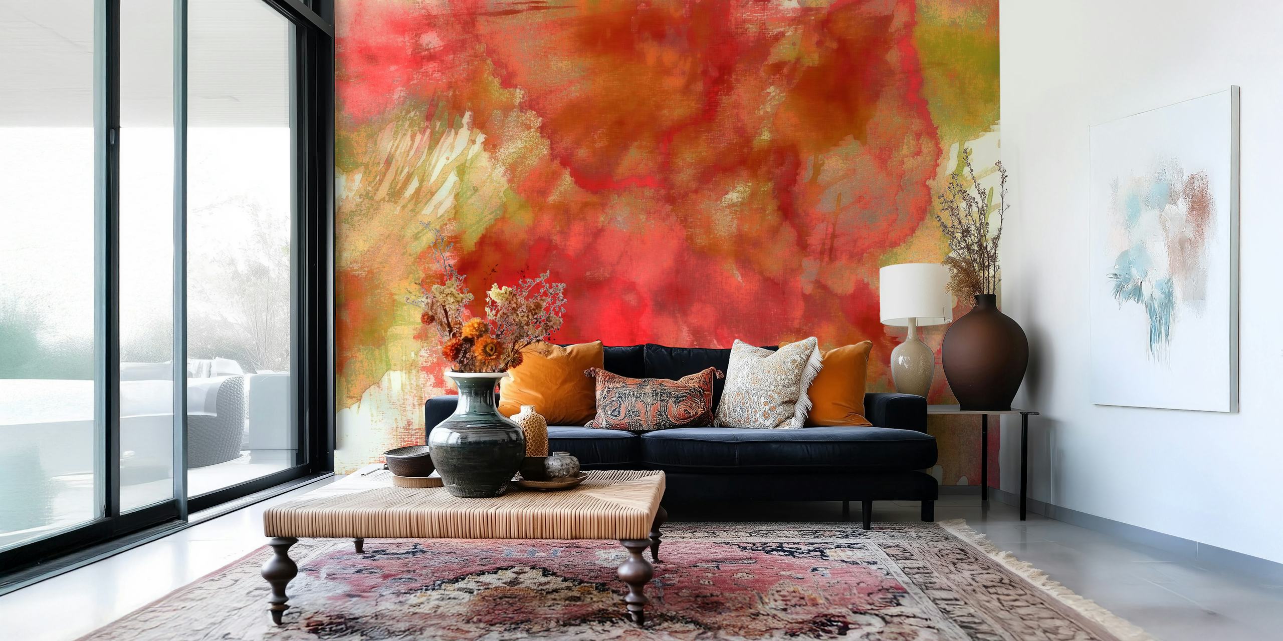 Vibrant abstract red and green floral wallpaper design.