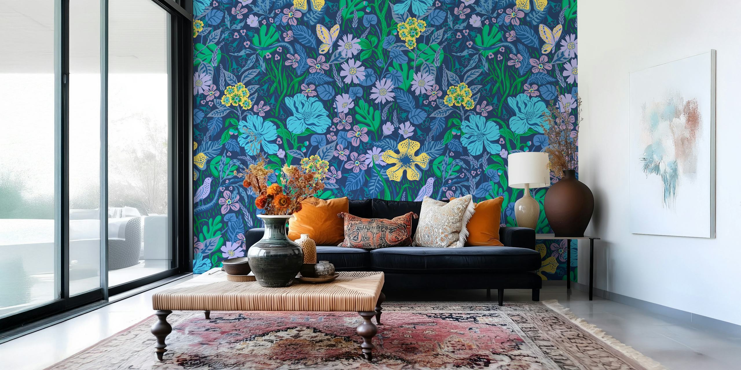 Colorful blue and yellow floral wallpaper with green leaves design