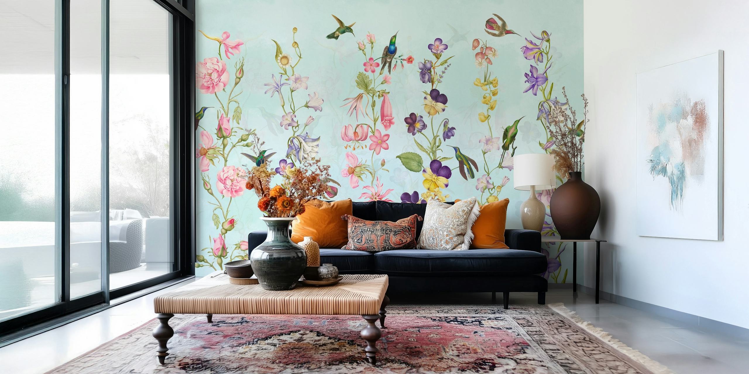 Floral wallpaper featuring pink, purple, and blue flowers with hummingbirds on a soft blue background