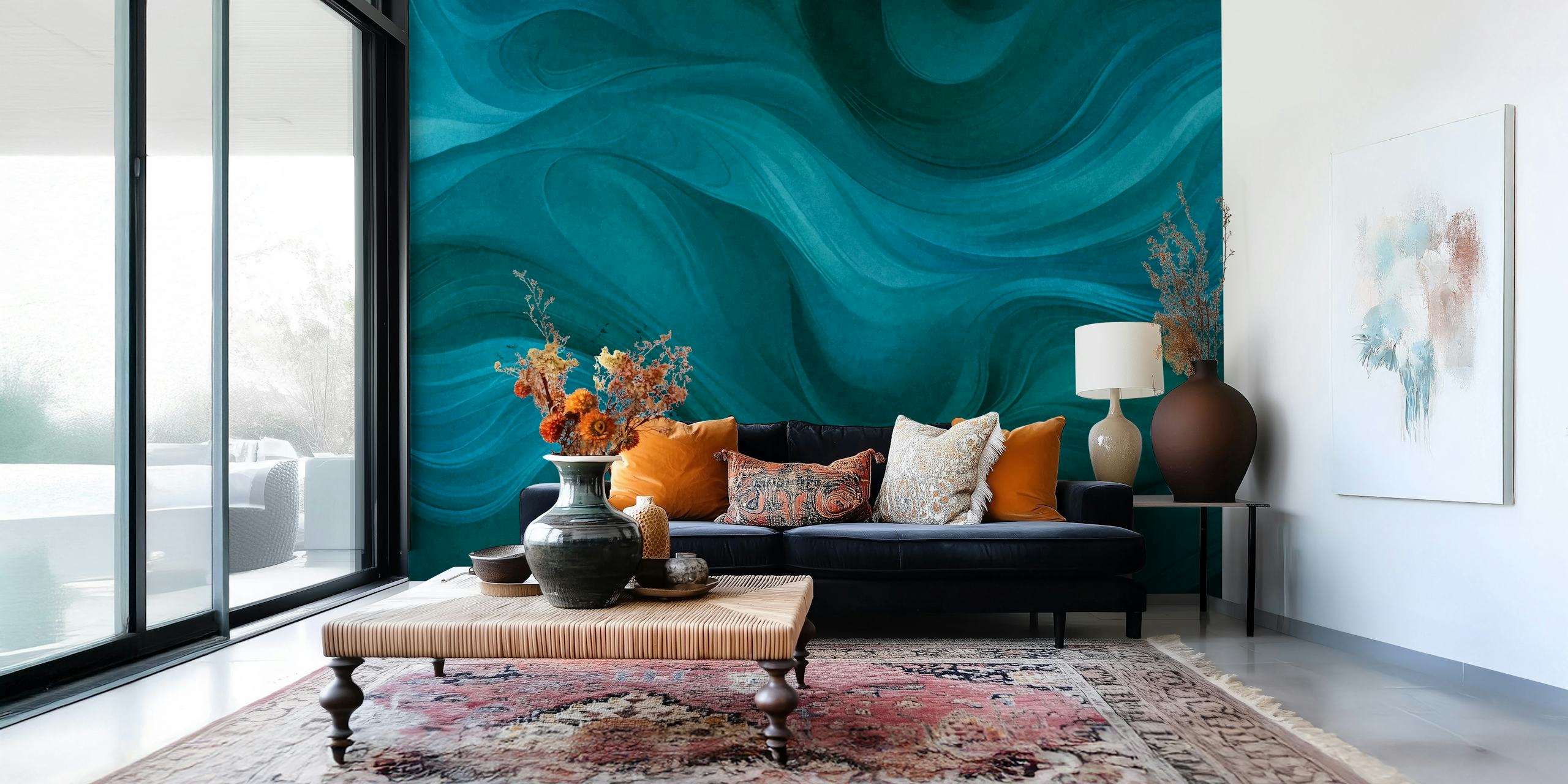 Teal abstract watercolor wallpaper with flowing waves