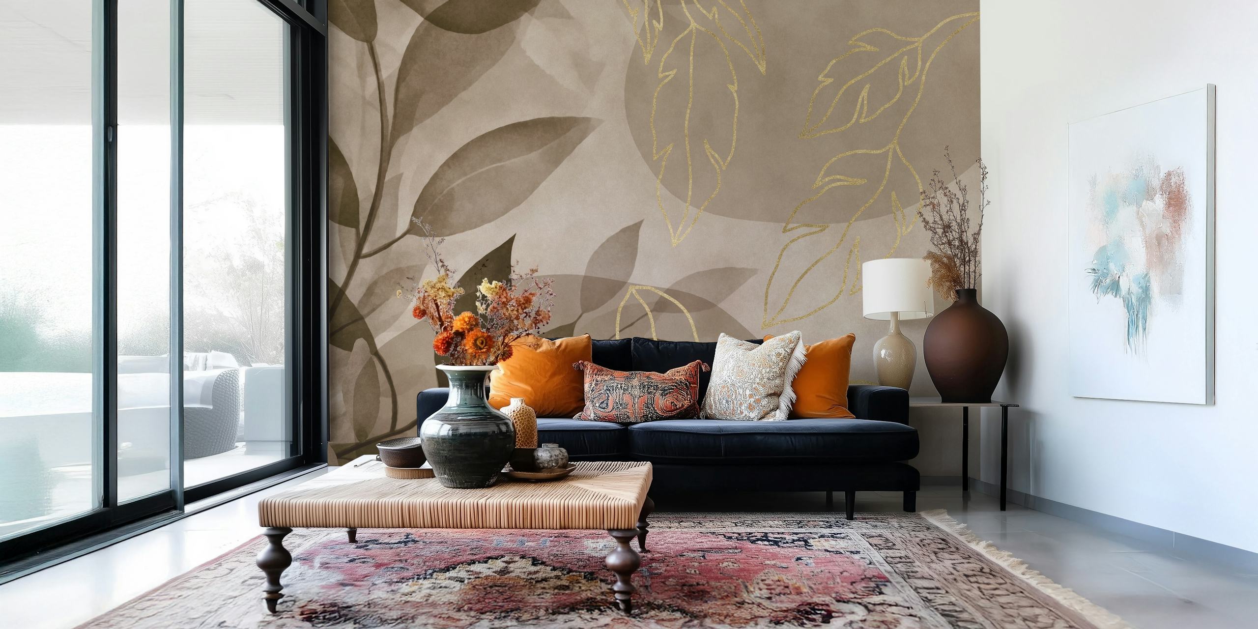 Leafy Elegance Brown Gold wallpaper in a room