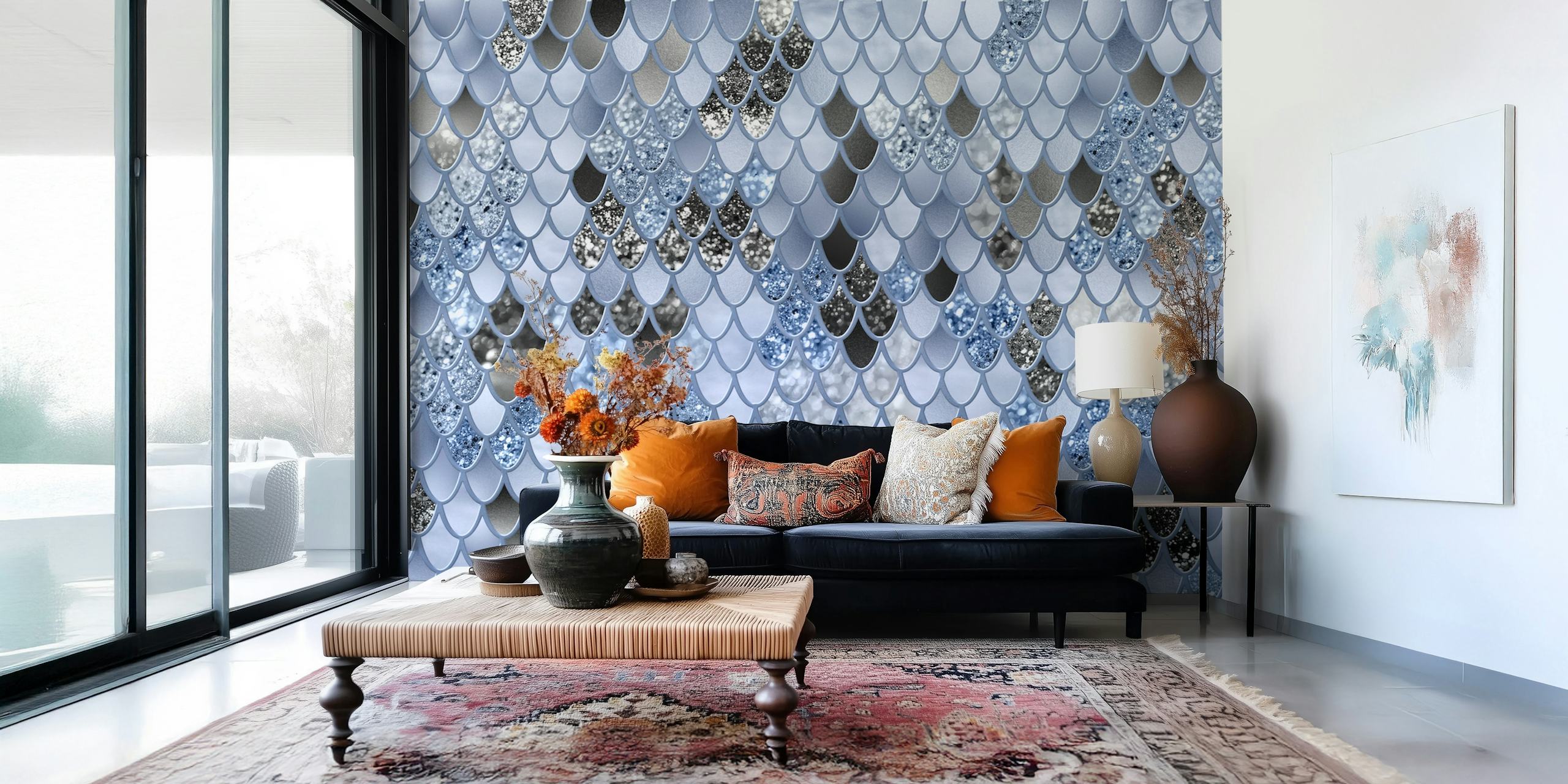 Papel de parede Soft Blue Black Mermaid Scales em um quarto