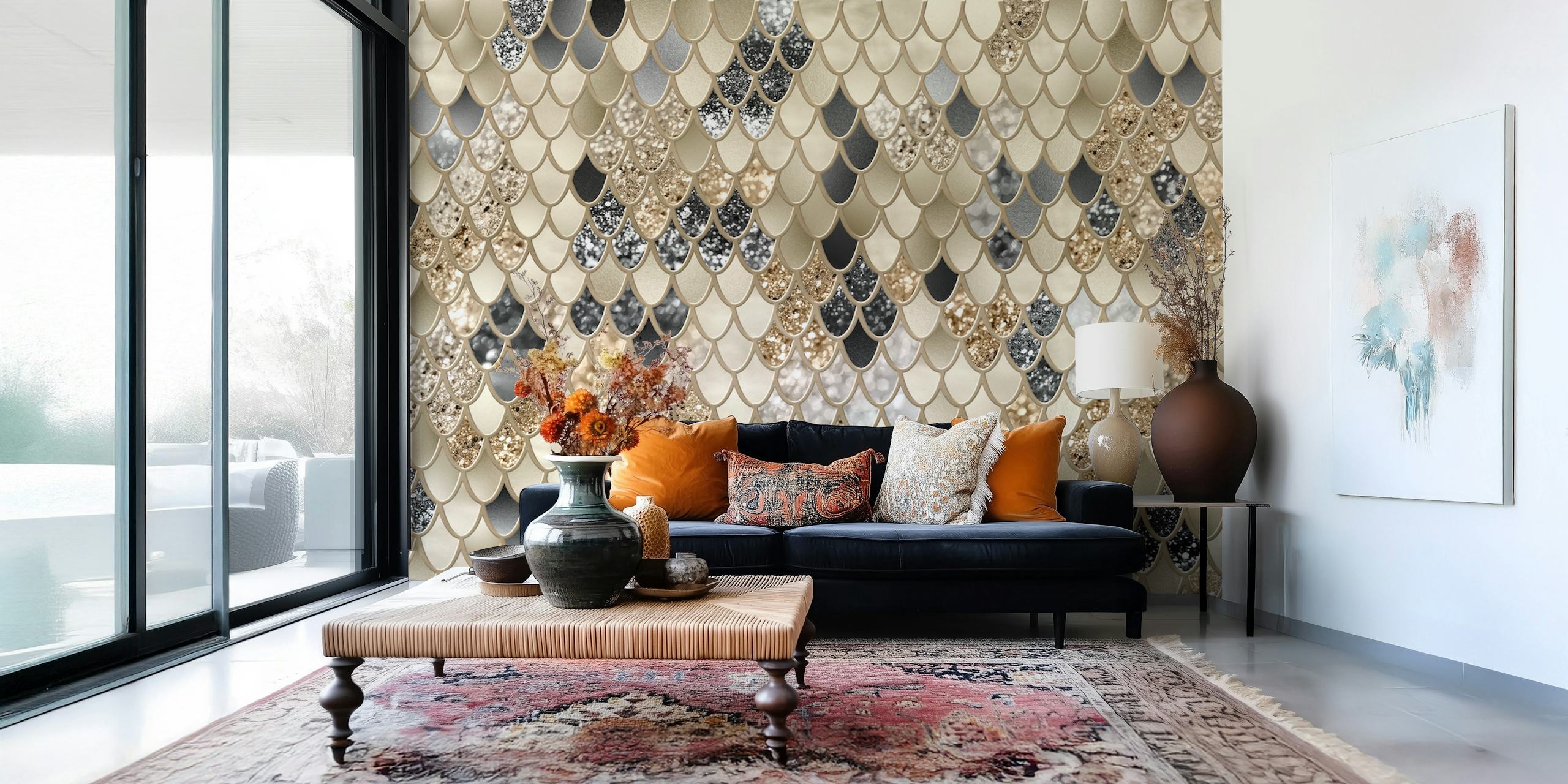 Gold black mermaid scales tapet i rum