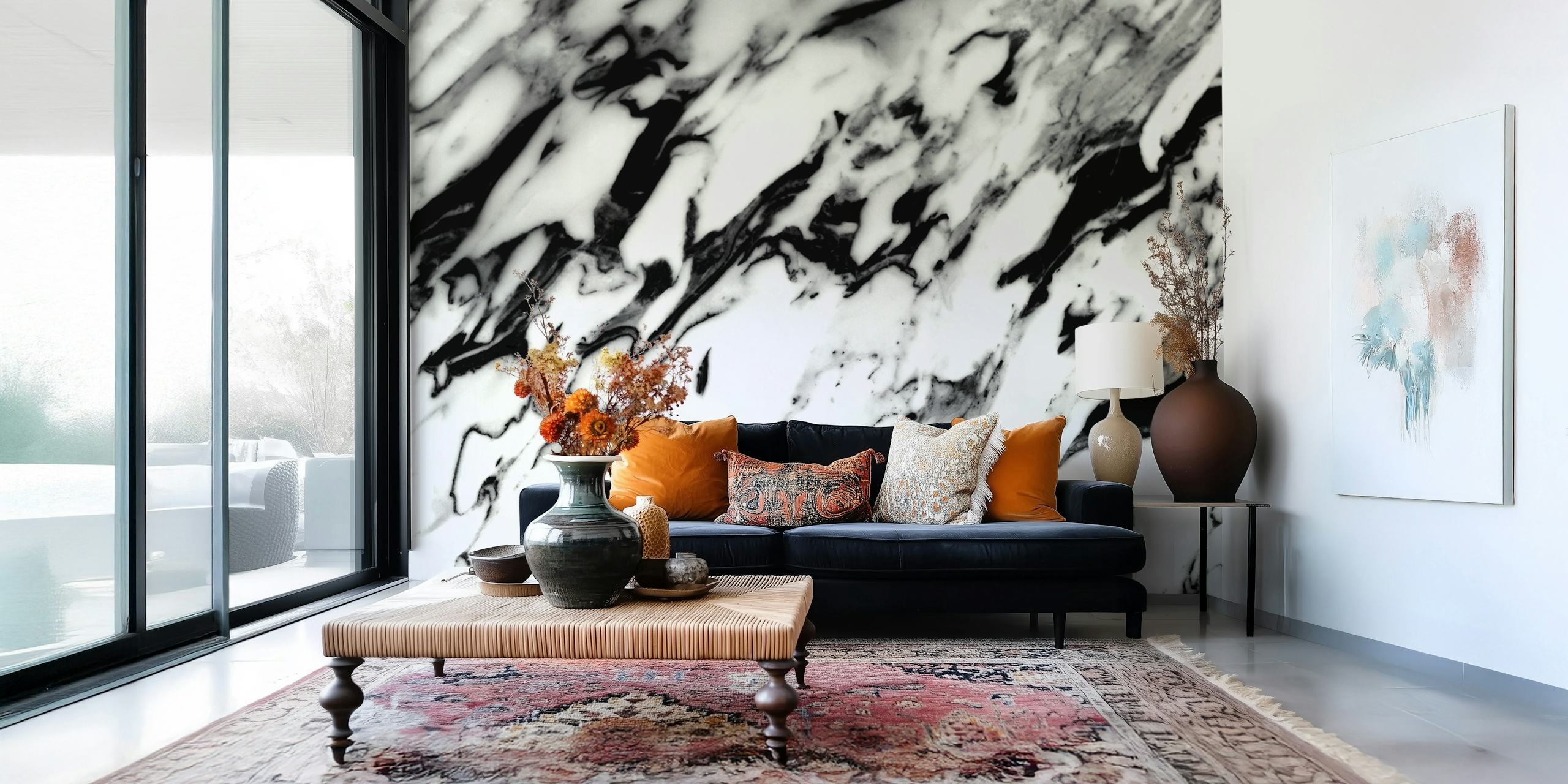 Monochrome classic white marble pattern wall mural with black veins