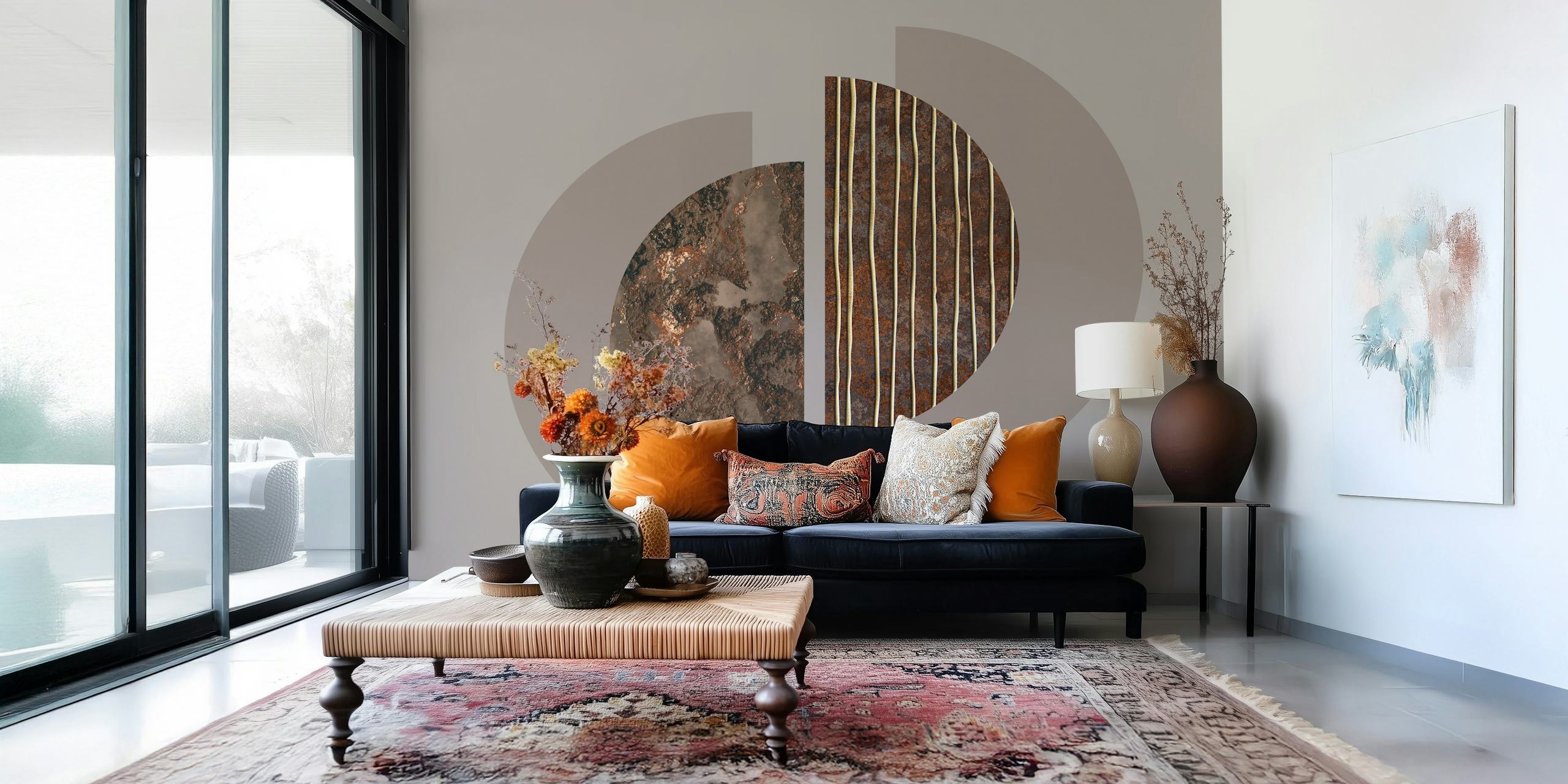 Mid Century Modern Circle Geometry Brunt veggmaleri med abstrakt sirkeldesign for hjemmeinnredning