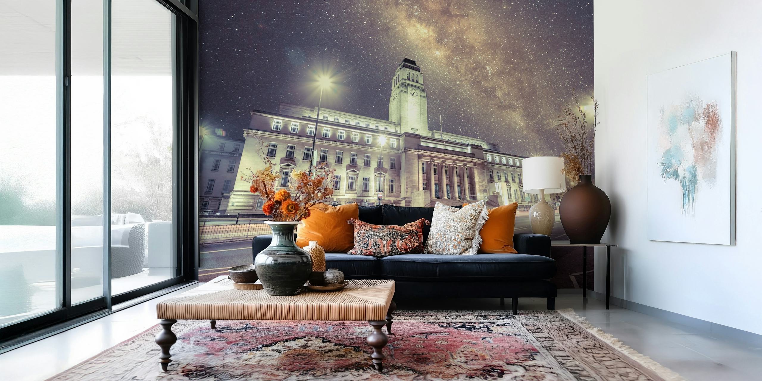 Cosmic night sky over a snow-covered cityscape wall mural