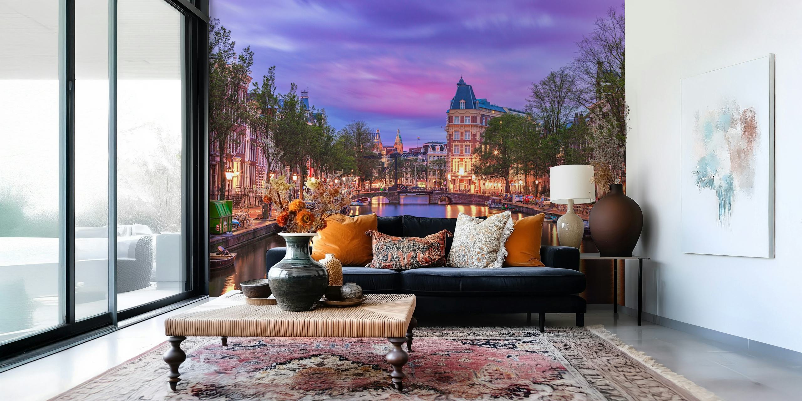 Amsterdam evening river canal with reflections and buildings wallpaper