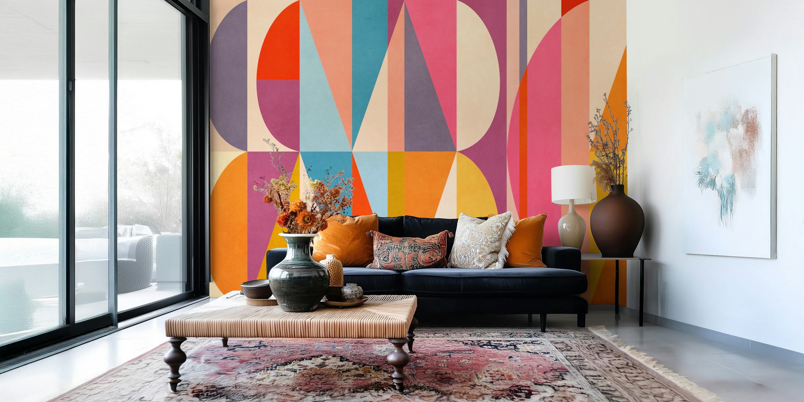 Colorful geometric shapes in pink, blue, yellow, and orange wallpaper
