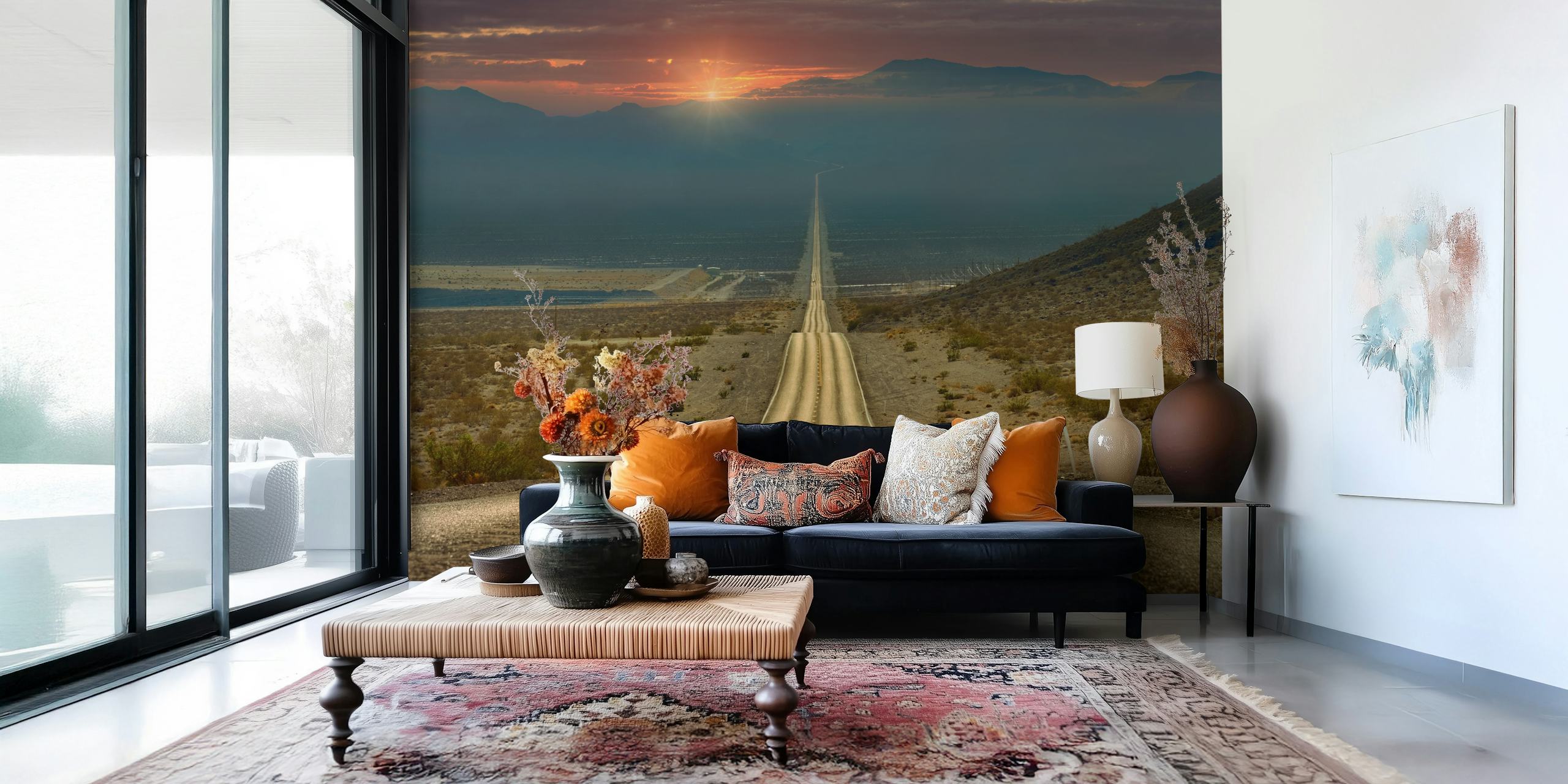 Desert road leading to mountains at sunset wallpaper