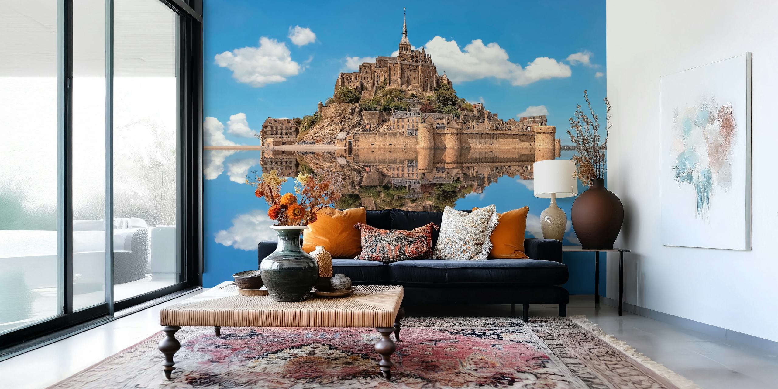 Scenic Mont Saint Michel landscape wallpaper with reflections, blue skies and clouds