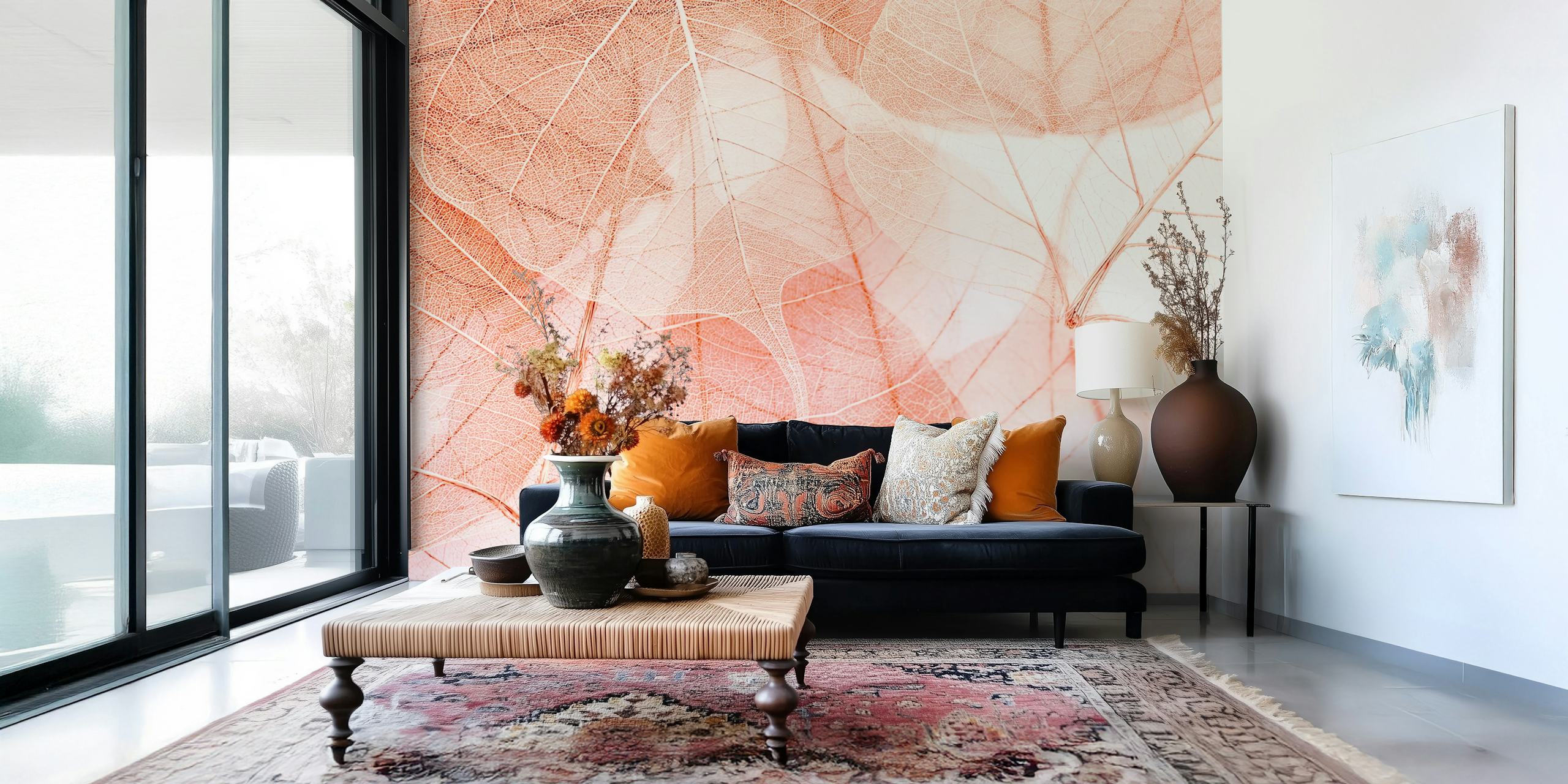 Pastel pink leaves wallpaper in soft tones with delicate patterns