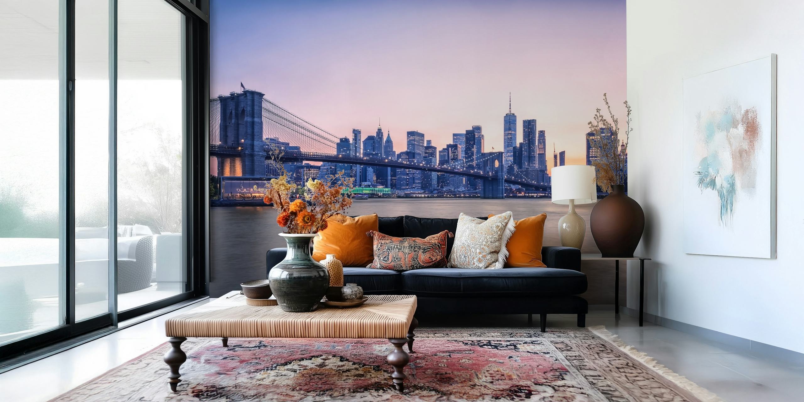 Pink New York skyline wallpaper in a room