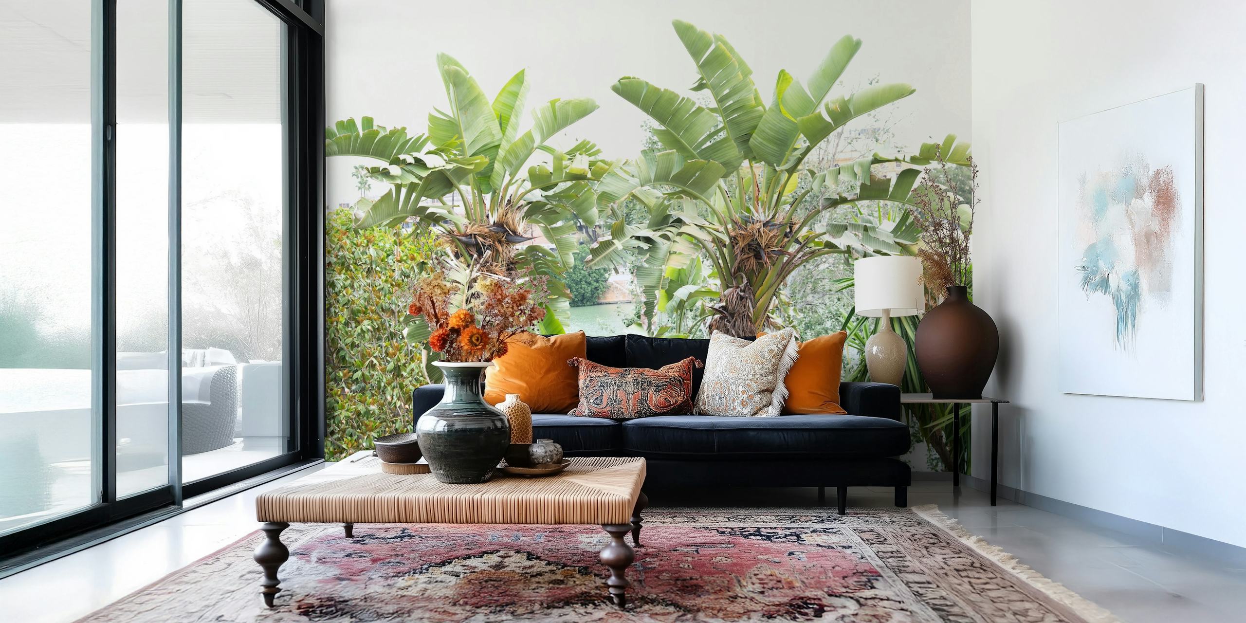 Tropical green leaf wallpaper featuring lush palm leaves on a light background.