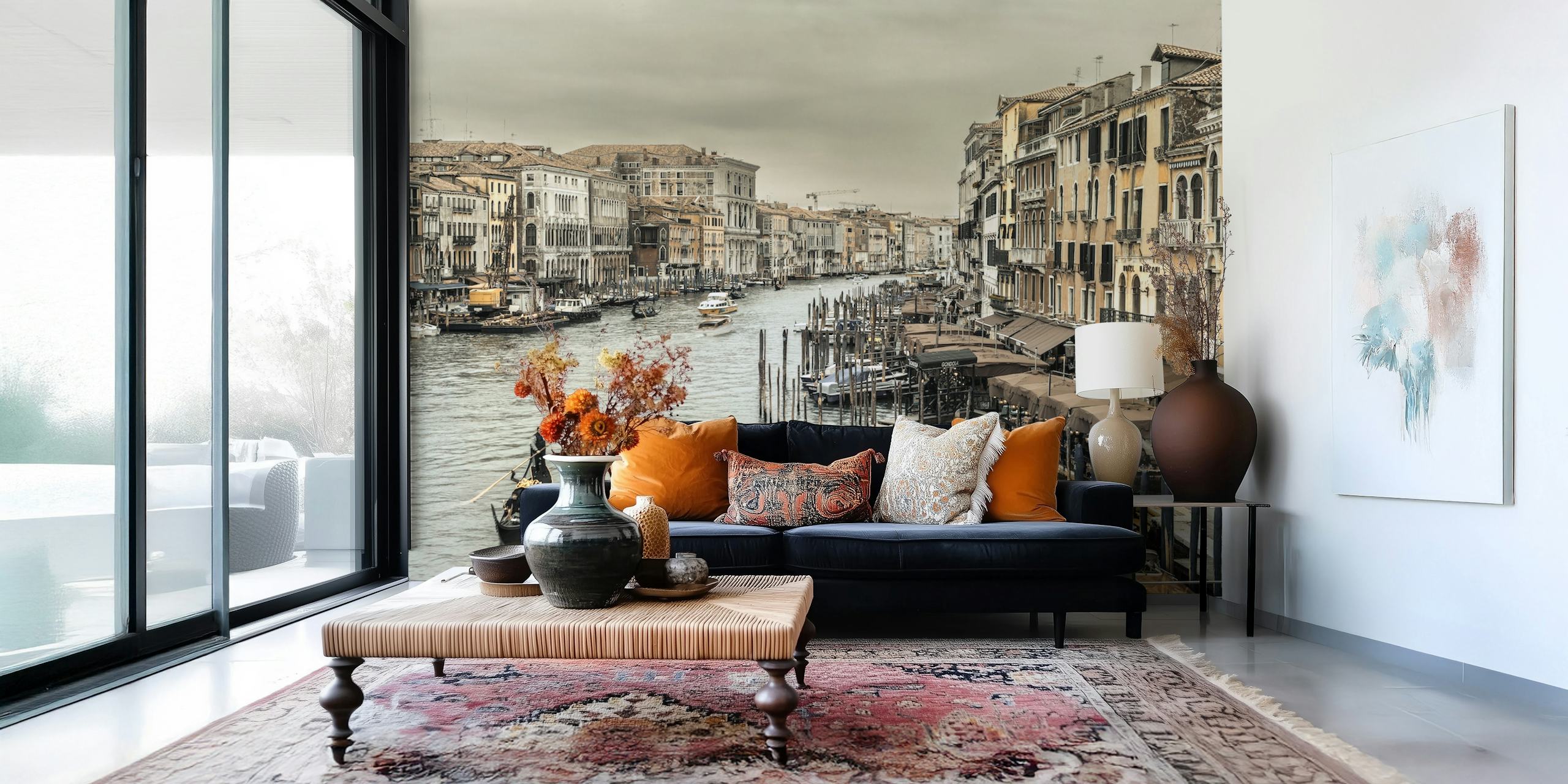 Venice Grand Canal view with boats and historic buildings in black and white wallpaper
