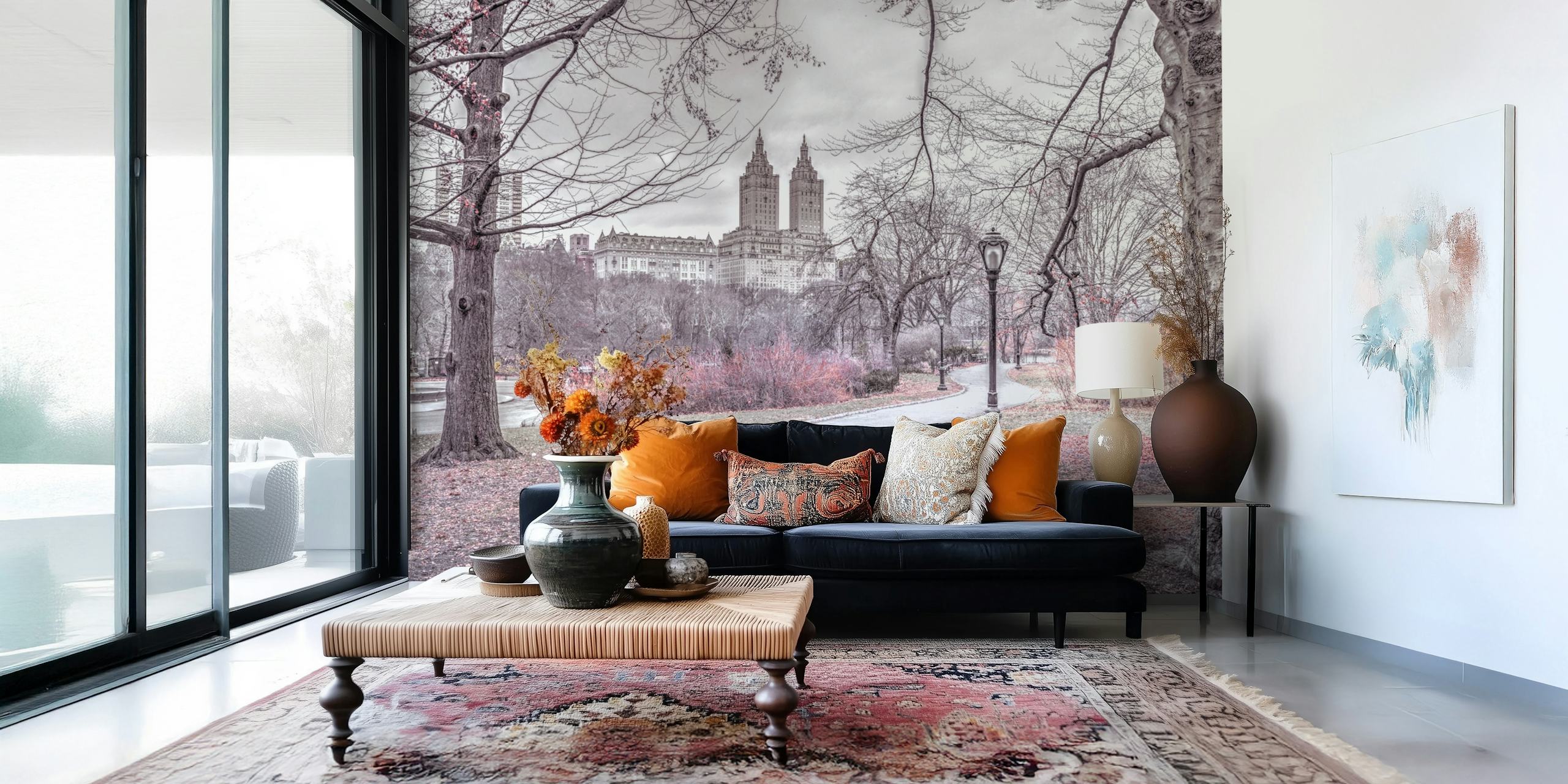 Central Park muurschildering met herfstbomen en pad