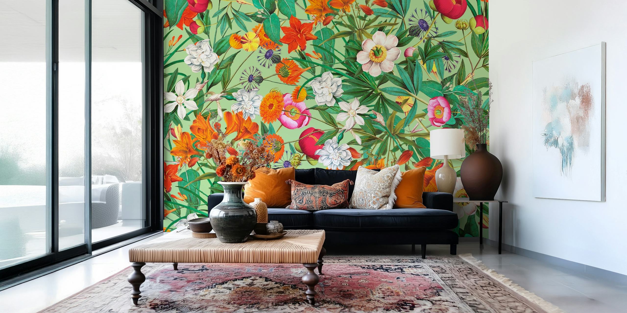Colorful tropical flower patterns with green background wallpaper