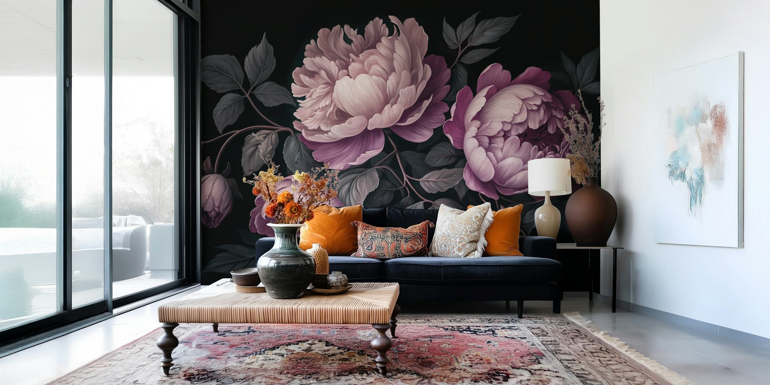 Design floral baroque violet dans une pièce