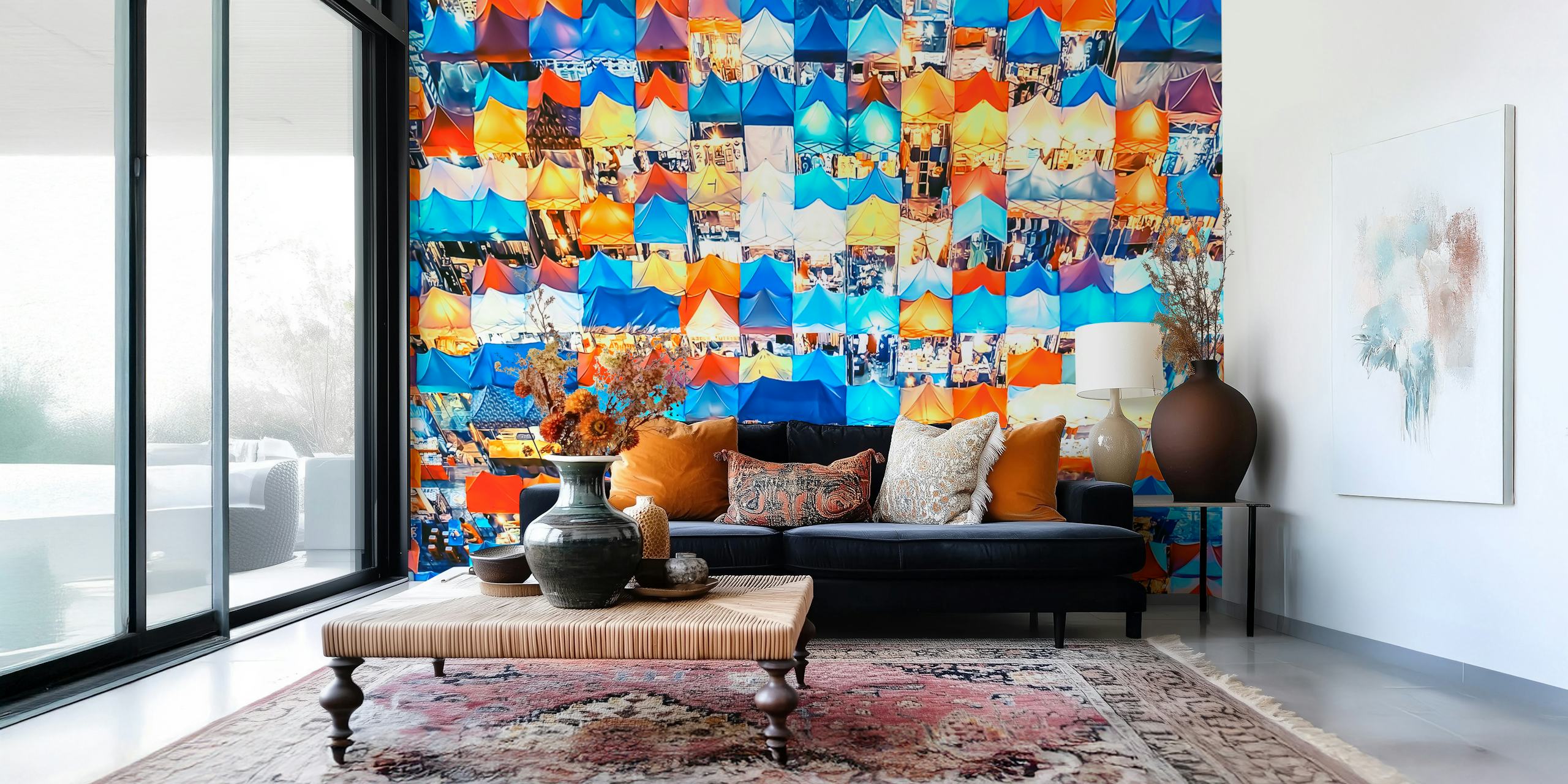 Colorful market tents in blue, orange, and white wallpaper