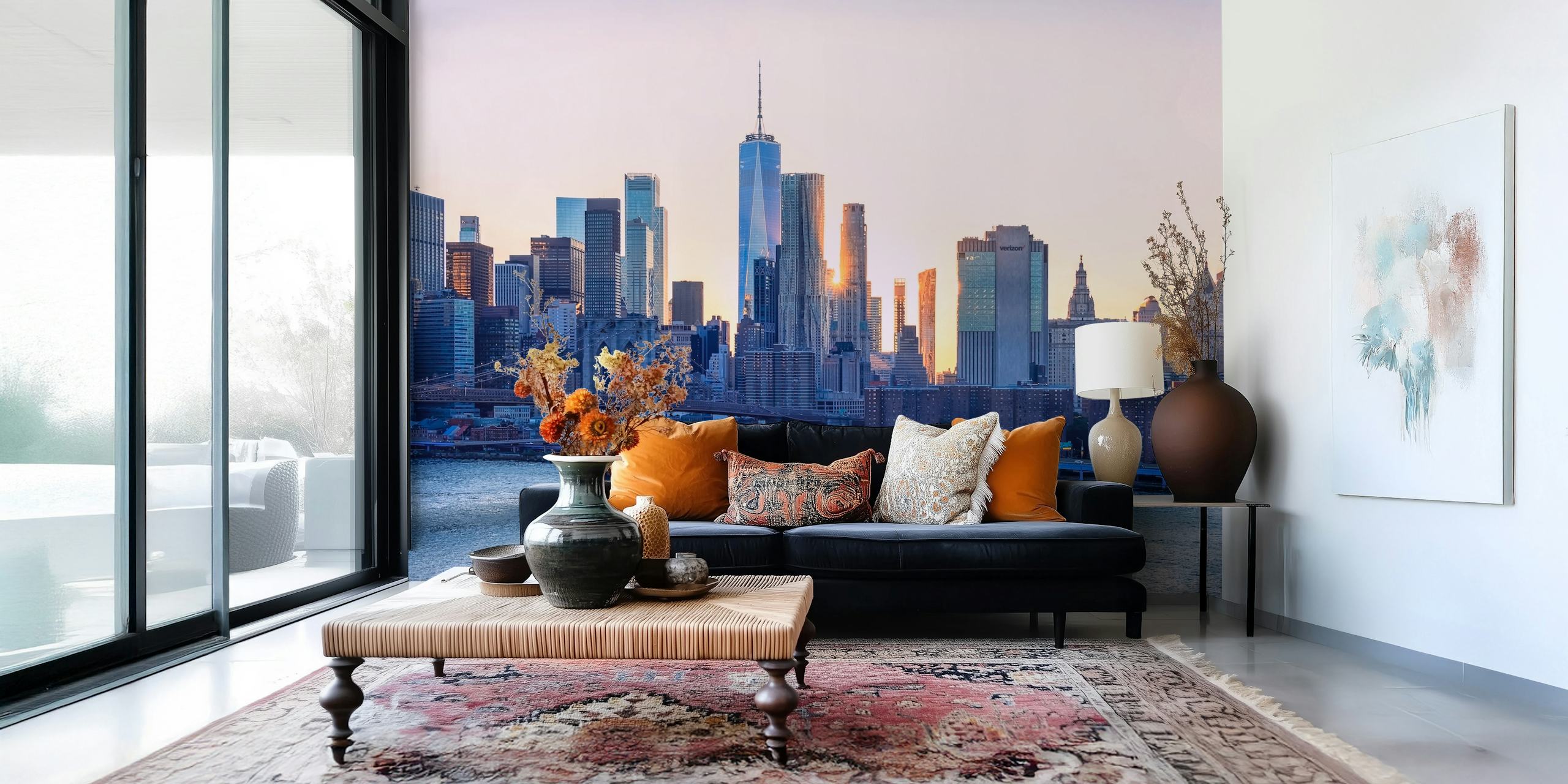 New York City skyline at sunset with purple and orange hues wallpaper