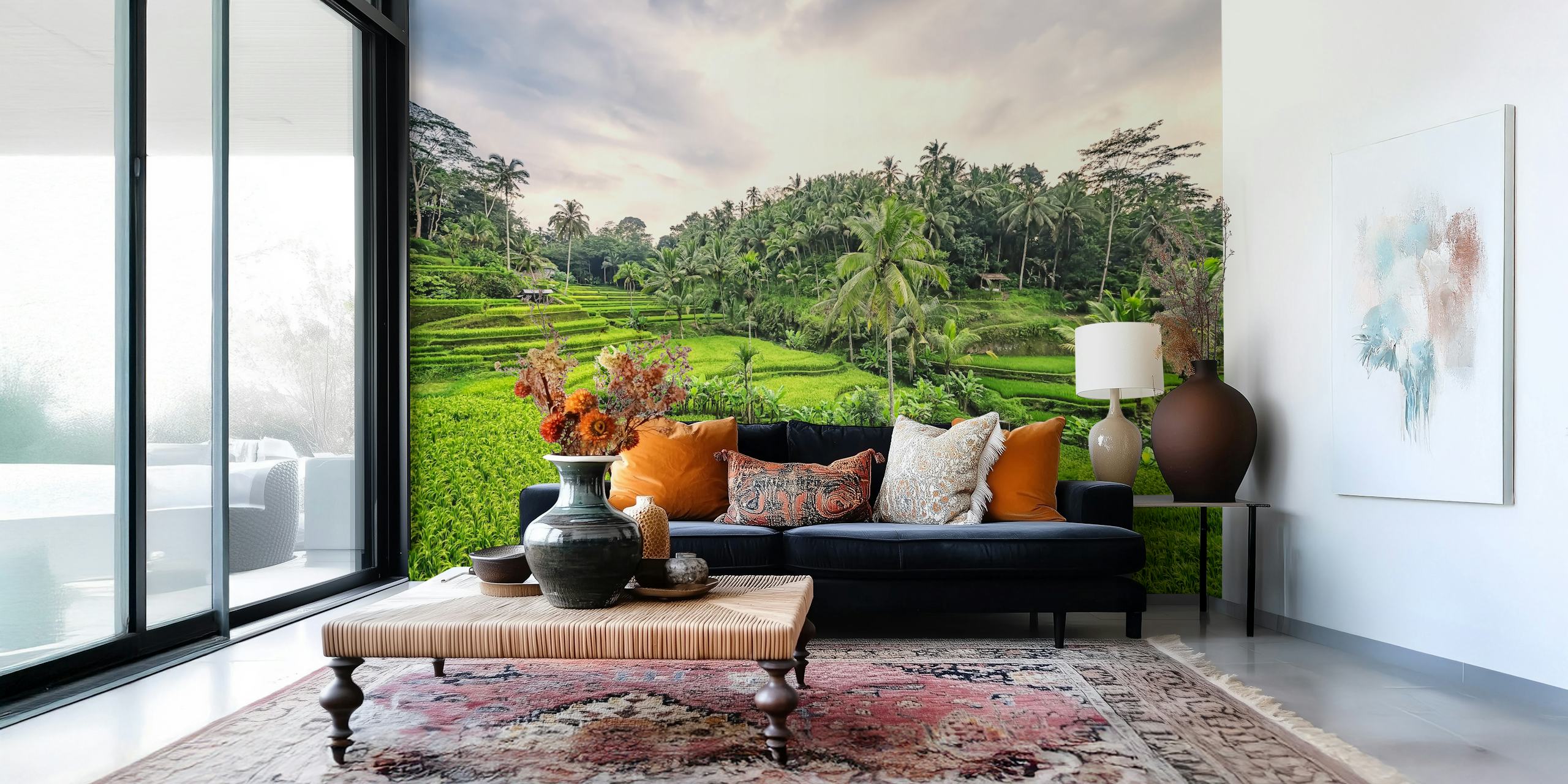 Lush green rice paddy fields with palm trees wallpaper