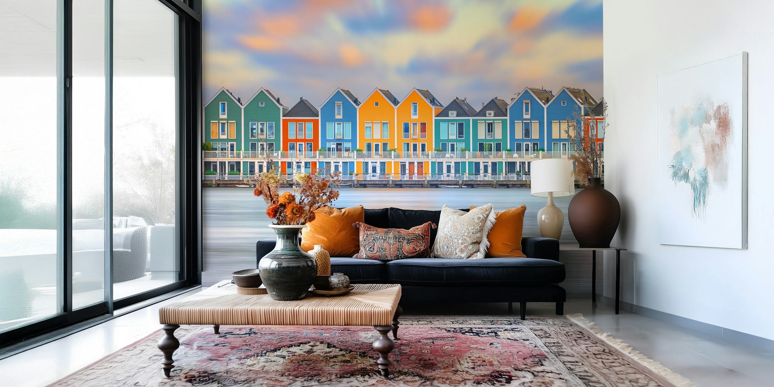 Colorful Dutch houses with orange, blue, green, and yellow colors, reflecting on calm water wallpaper