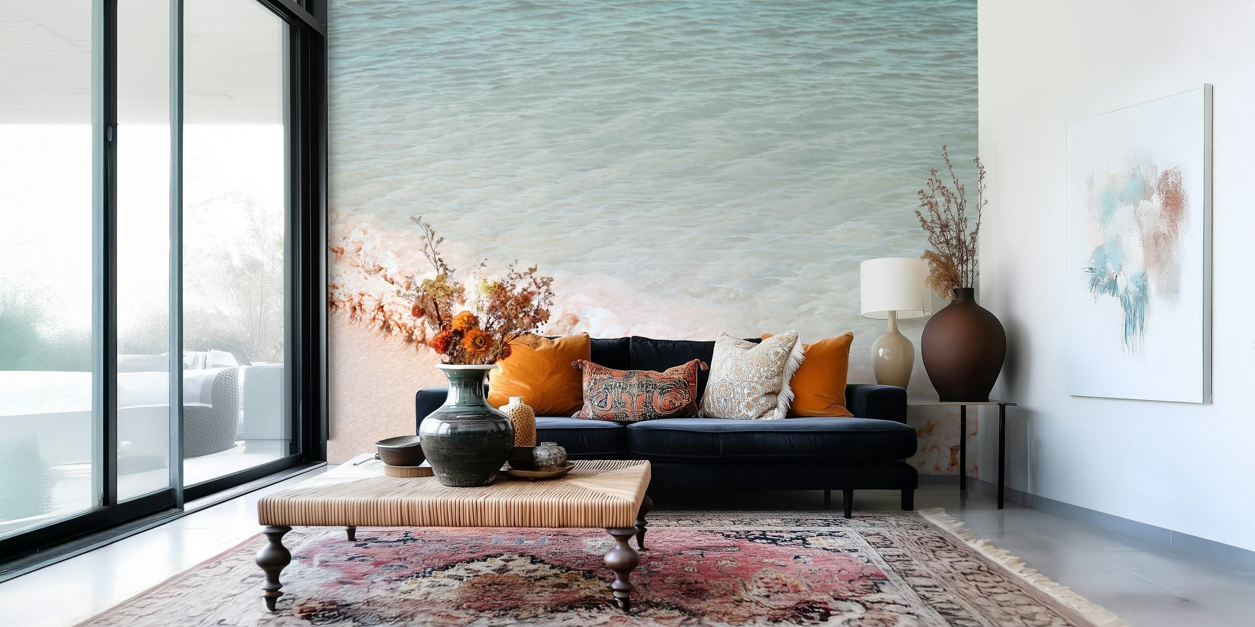 Coastal beach wallpaper showing gentle ocean waves in soft blues and sandy tones