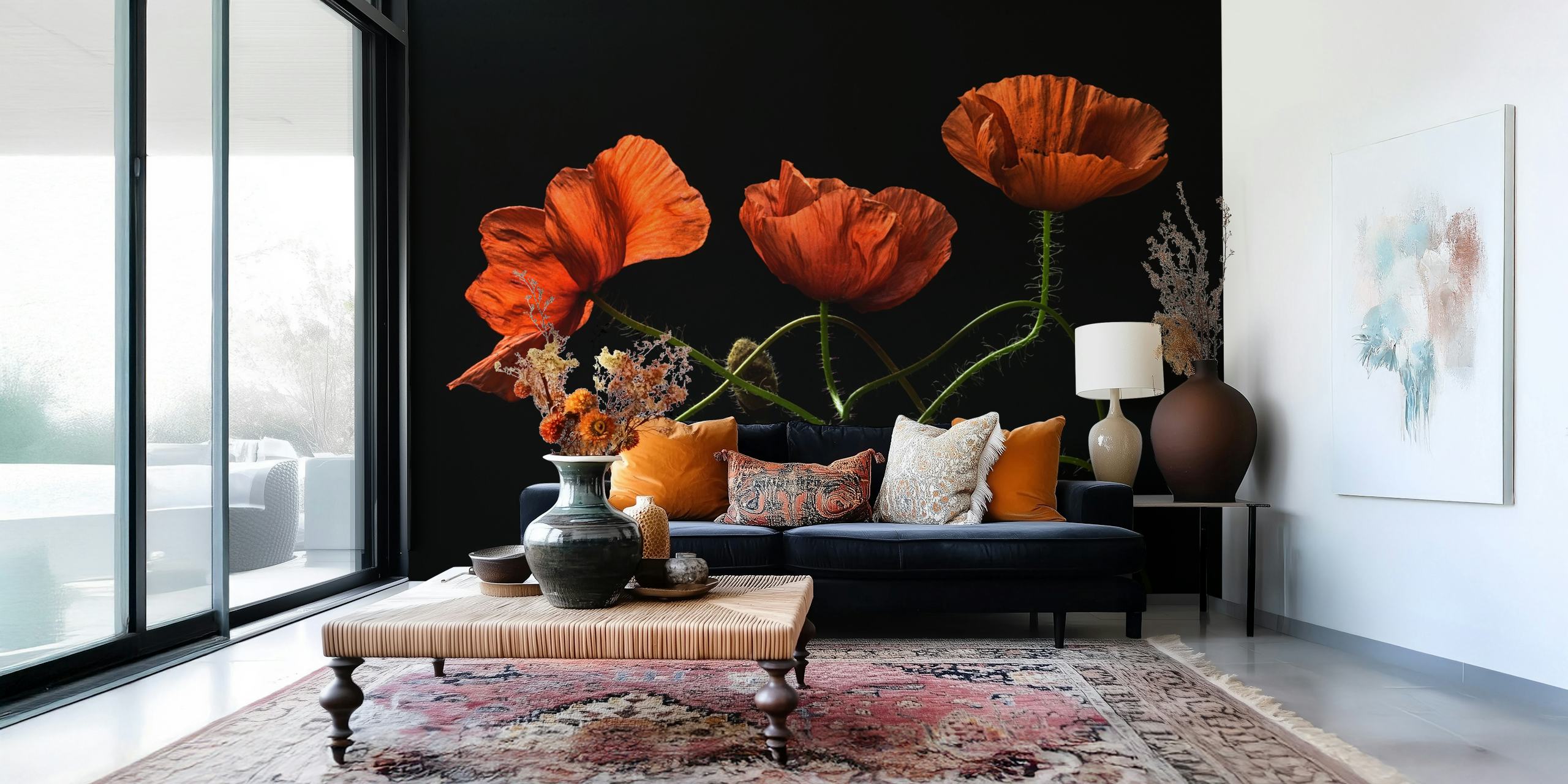 Three red poppy flowers on a black background wallpaper