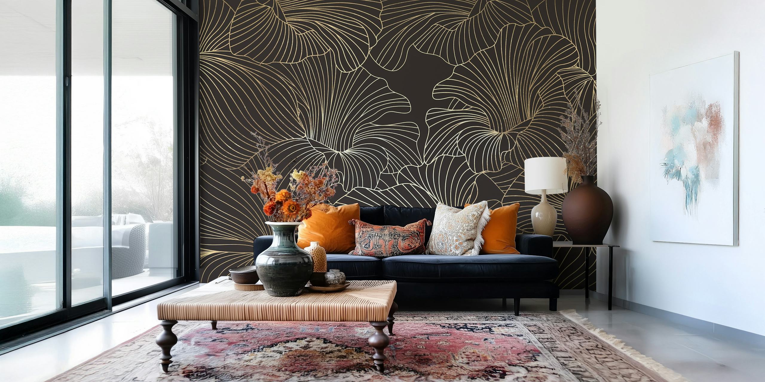 Golden floral line patterns on a dark background wall mural