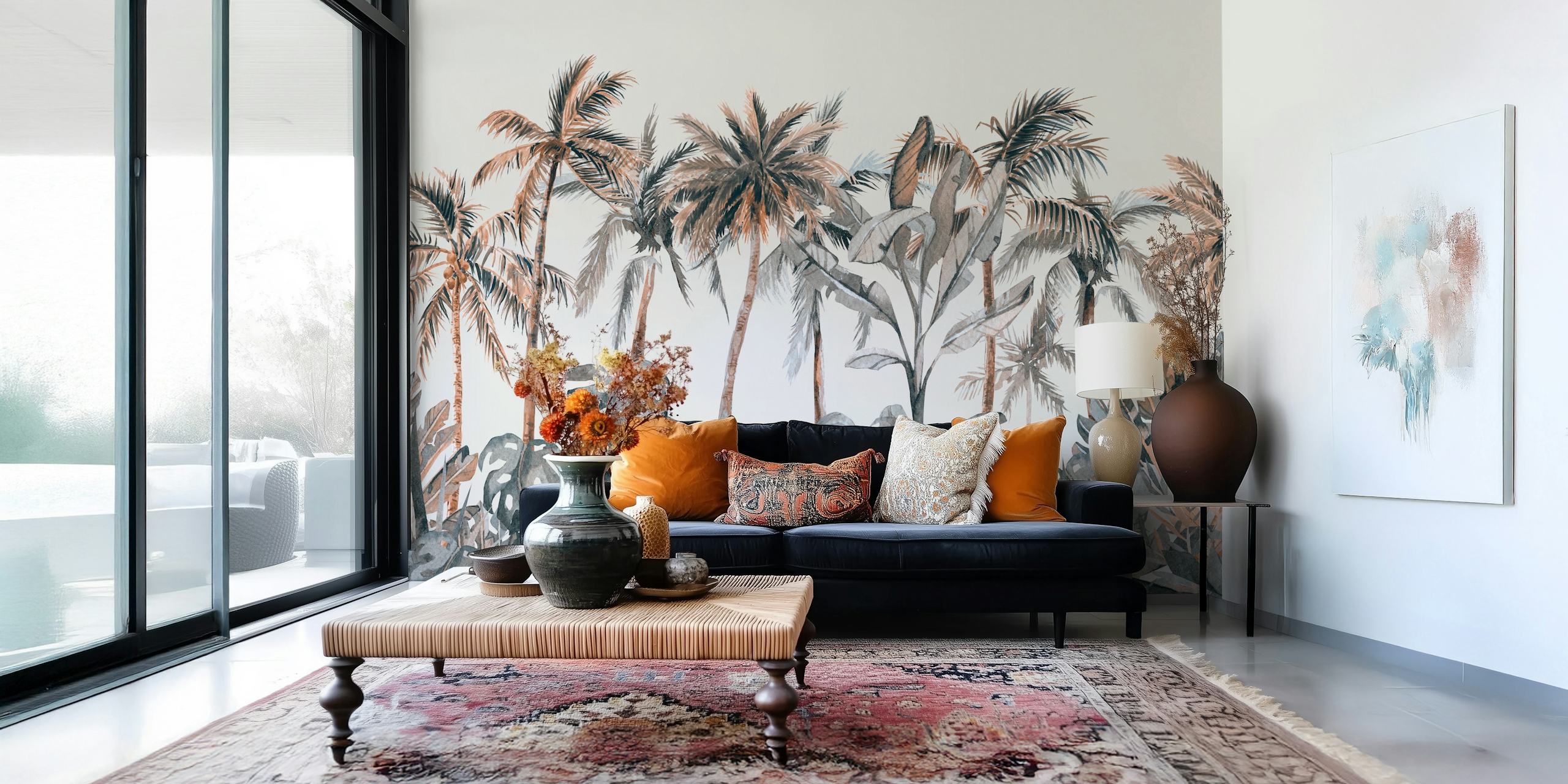 Tropical palm trees and lush green foliage wallpaper