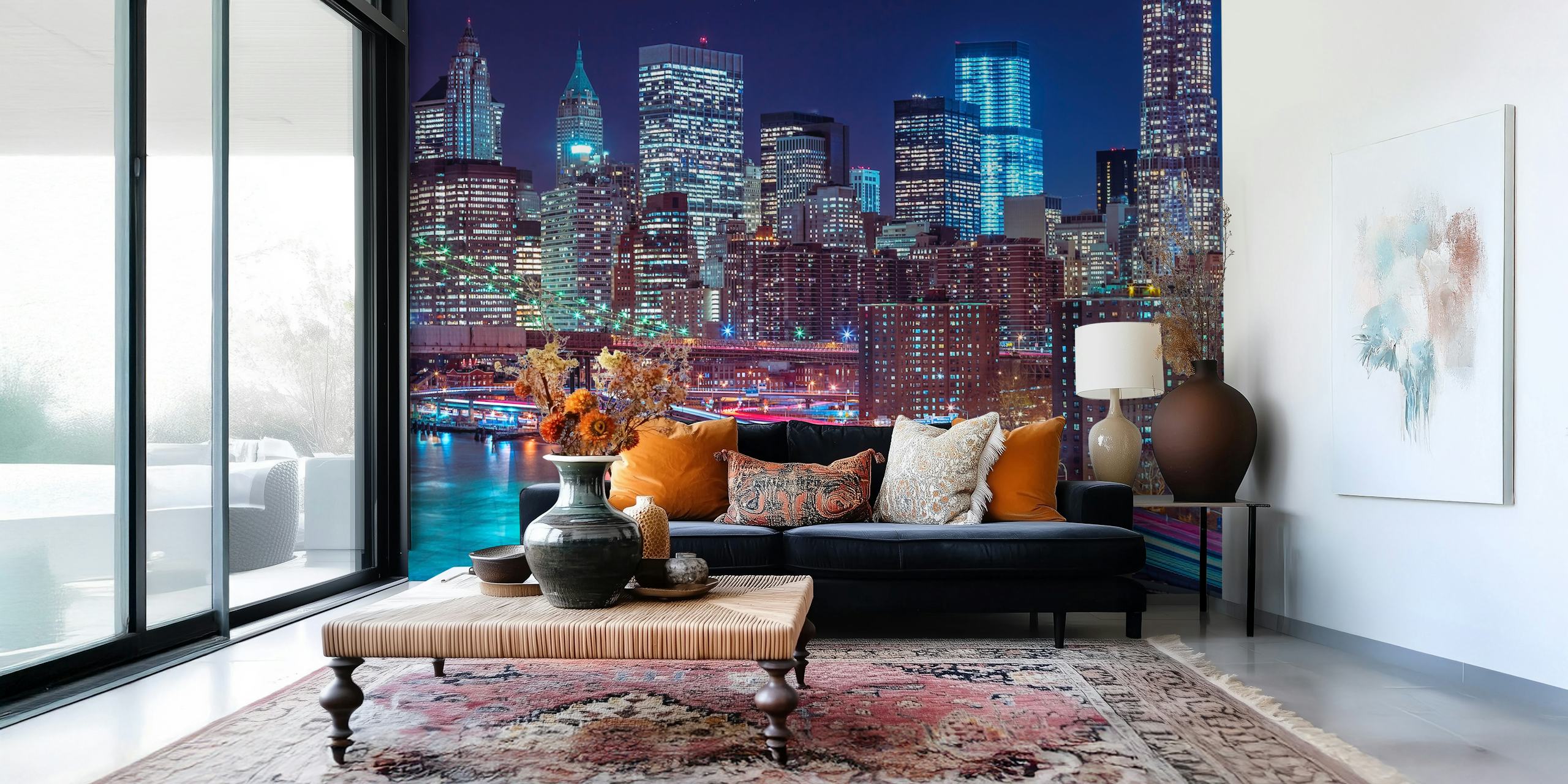 Urban city skyline at night with bright lights and reflections wallpaper