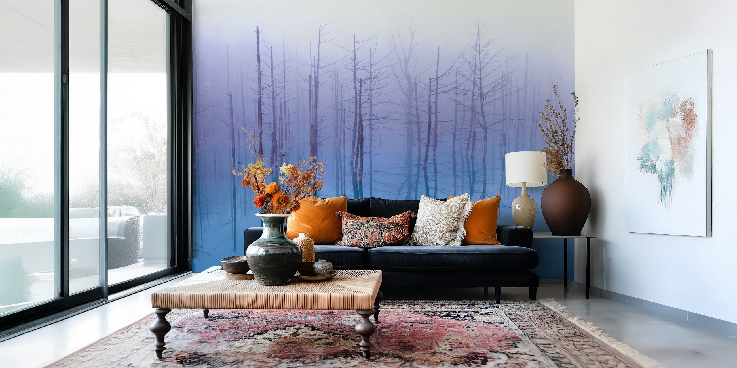 Misty blue pond with ghostly trees reflecting on water wallpaper