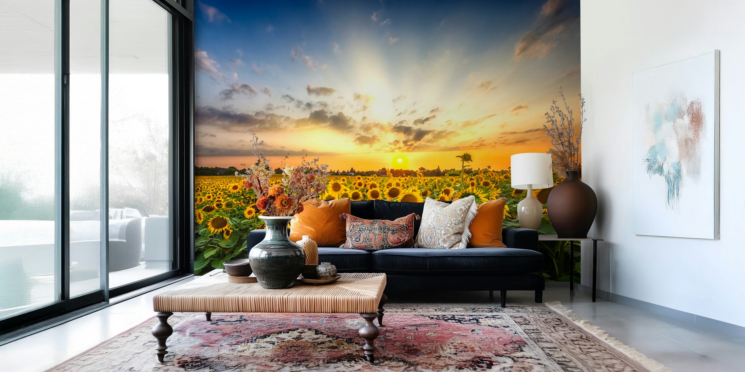 Sonnenblumenfeld bei Sonnenuntergang Fototapete mit goldenem Himmel