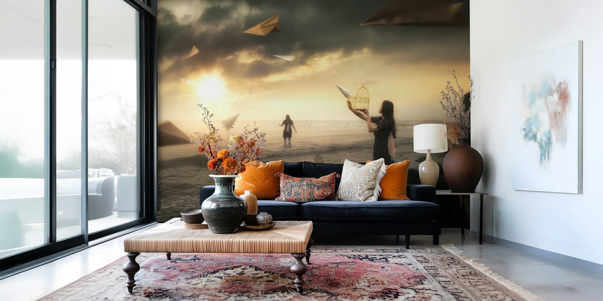 Wallpaper design with paper airplanes at sunset