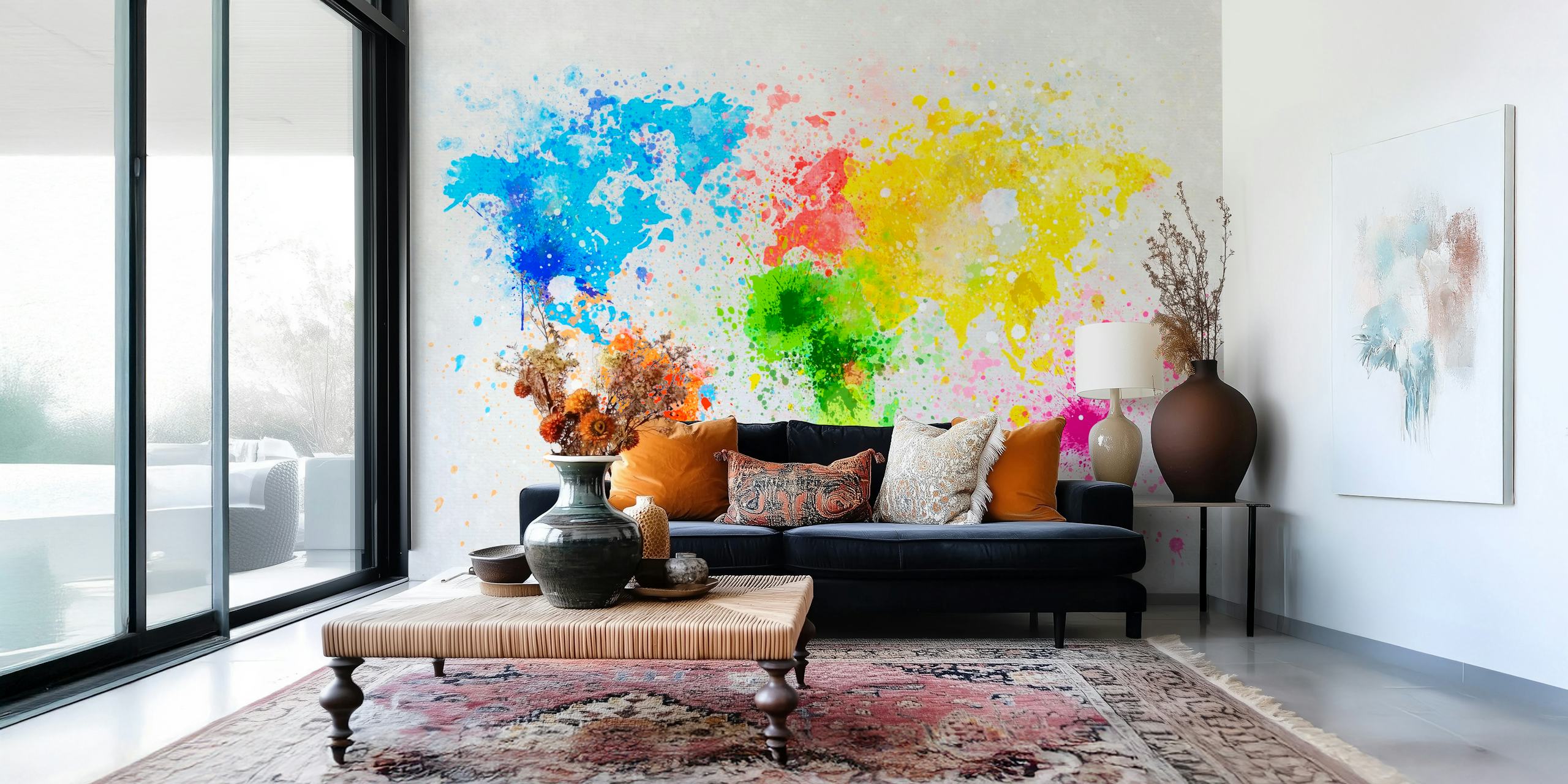 Colorful world map wall mural with splashes of paint