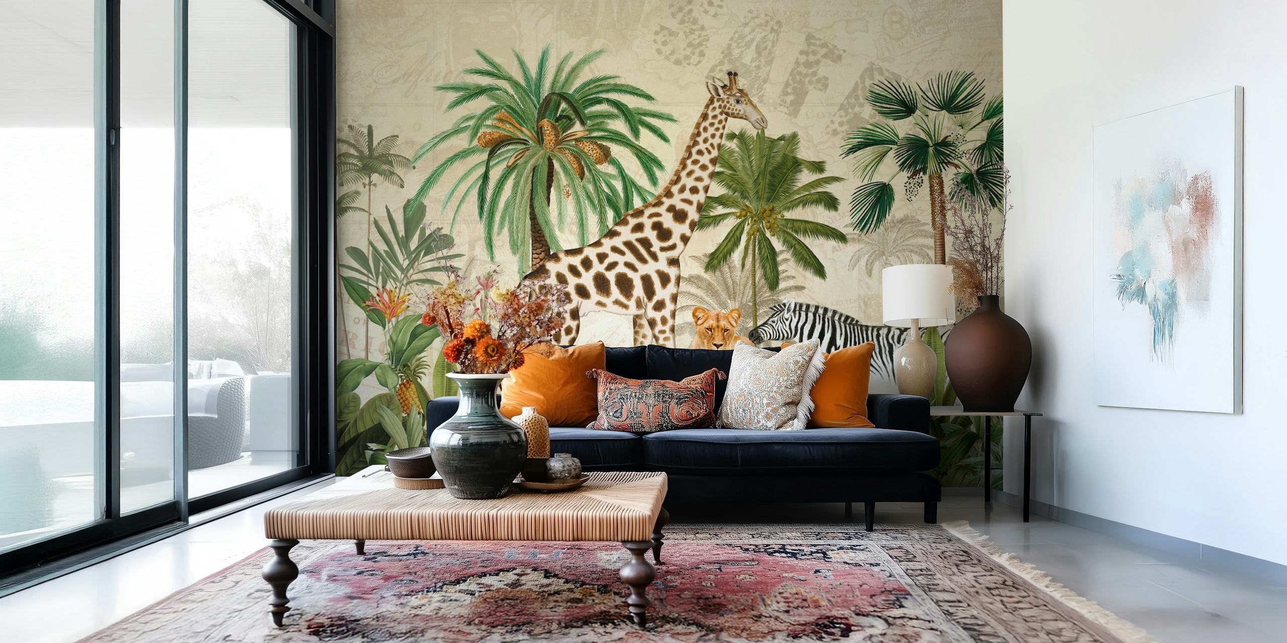 Vintage style jungle safari wall mural featuring giraffes, leopards, and zebras in a lush setting