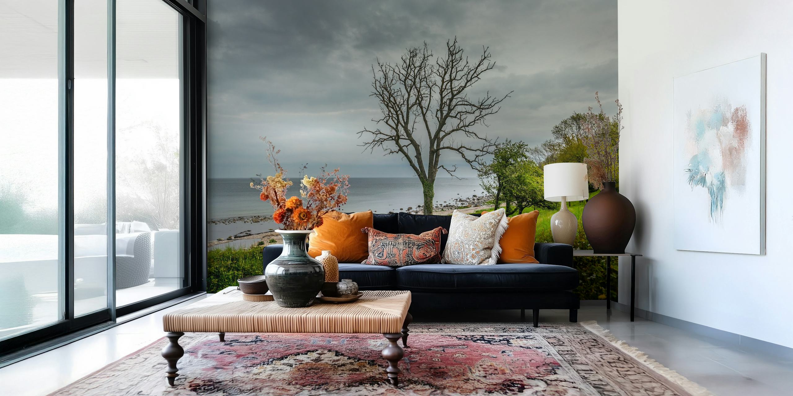 Scenic beach view with tree and sea wallpaper