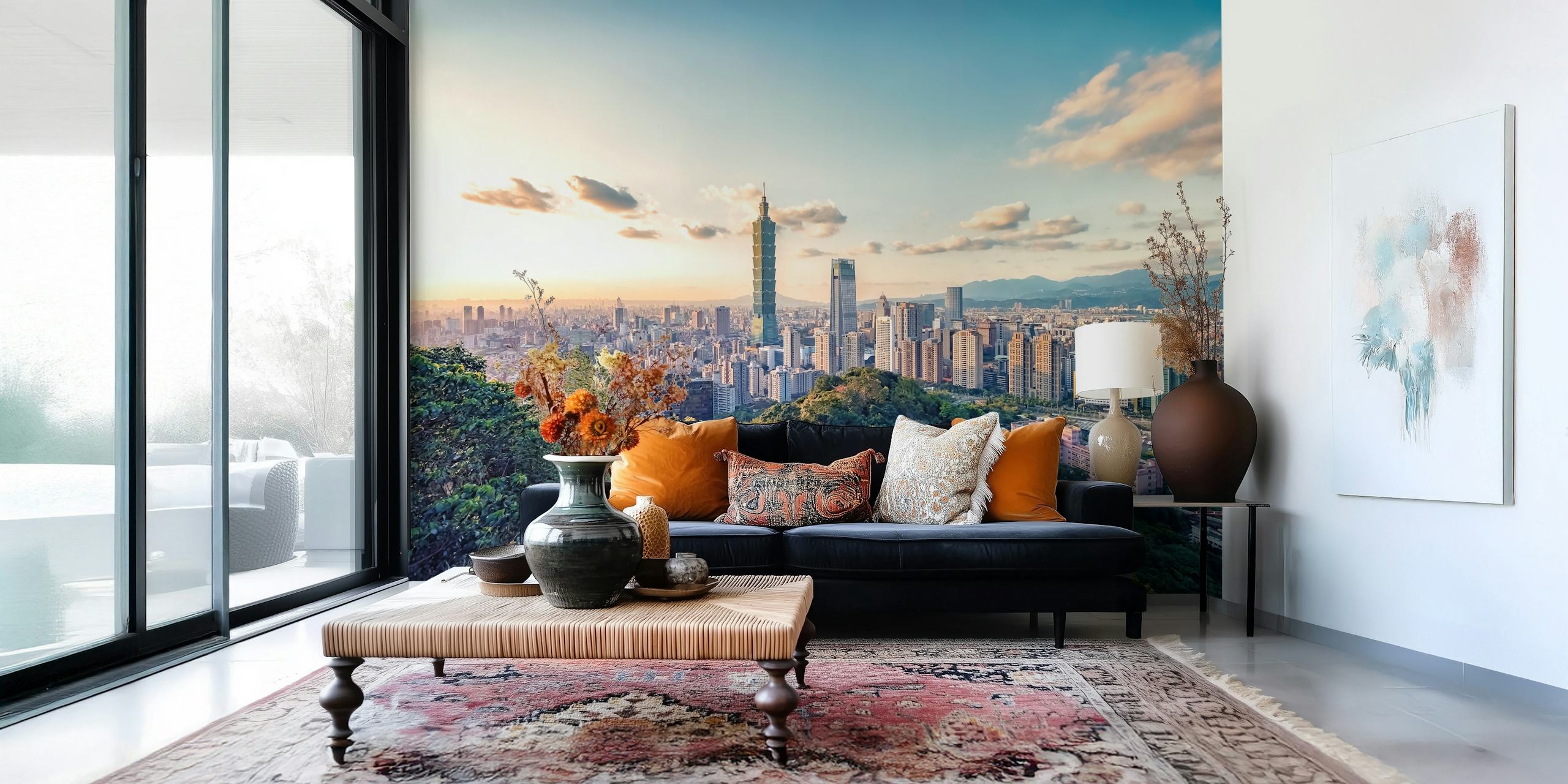 Mural del horizonte de la ciudad de Taipei con el rascacielos Taipei 101