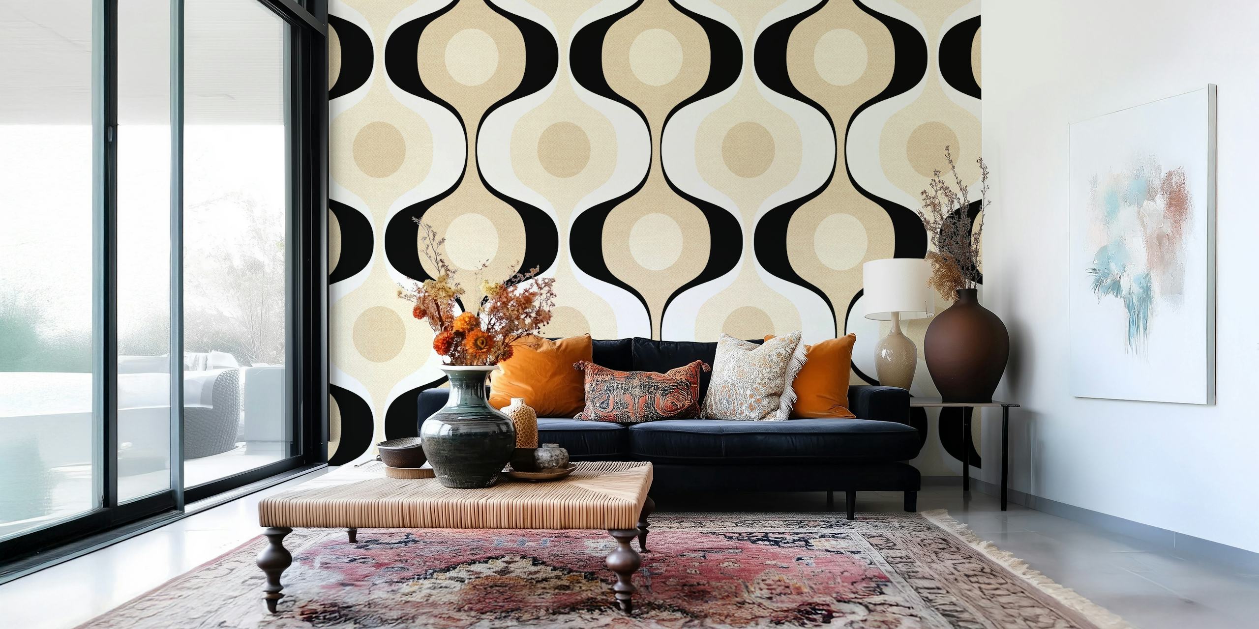 Retro curvy pattern in neutral tan and black tones wallpaper